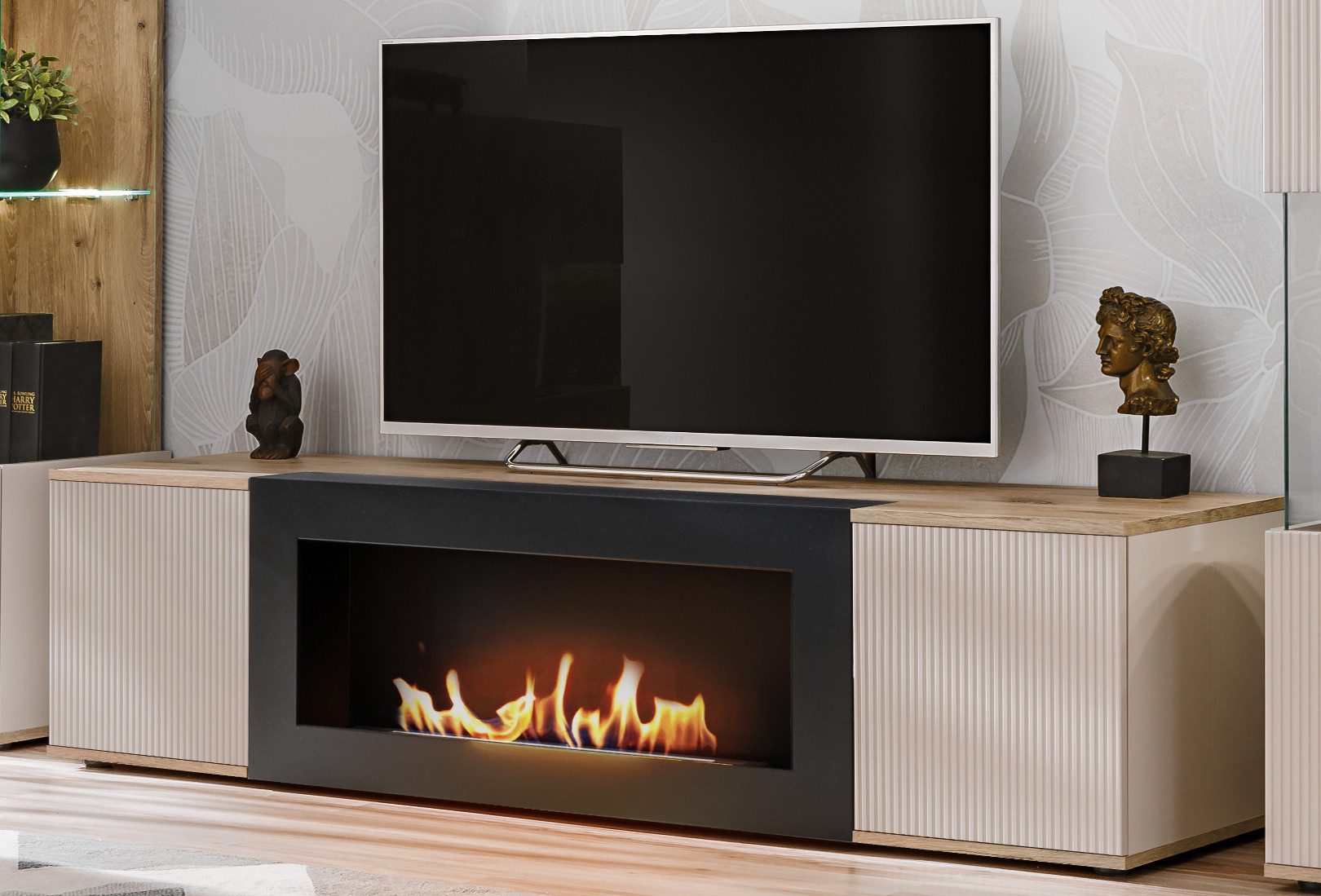Inn.Furn Lowboard Cathlyn (TV Unterschrank mit integriertem Kamin, Eiche und Kaschmir, 160 cm), Push-To-Open-Funktion