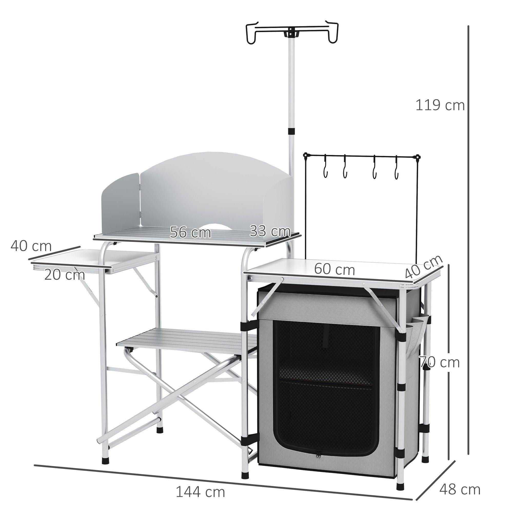 Outsunny Schrankeinsatz mit UV-Schutz, Windschutz, Schränkfach, 3 Arbeitsplatten, Lichtständer (Outdoor Küche, 1 St., Campingküche), für Camping, Garten, Silber
