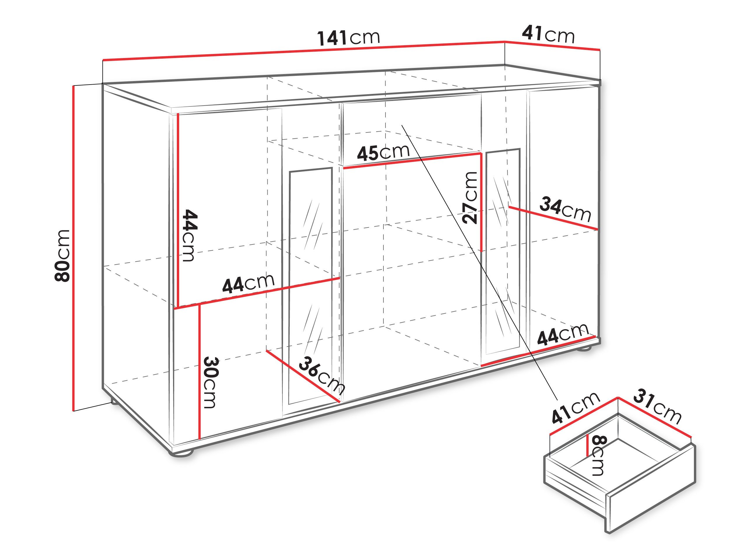MIRJAN24 Kommode Salsa II (mit 3 Türen und Schublade), mit Glasregale, LED-Beleuchtung als Option – Bild 4 von 5