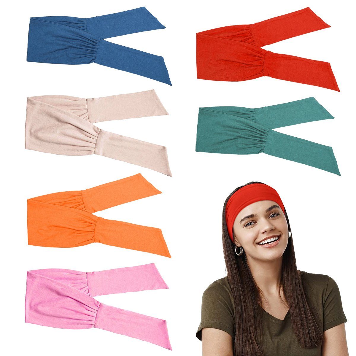 Jormftte Haarband Damen Boho Stirnband,Knoten Verdrehtes Elastische Kopf Wickeln khaki+rot+marine+orange+rosa+hellgrün
