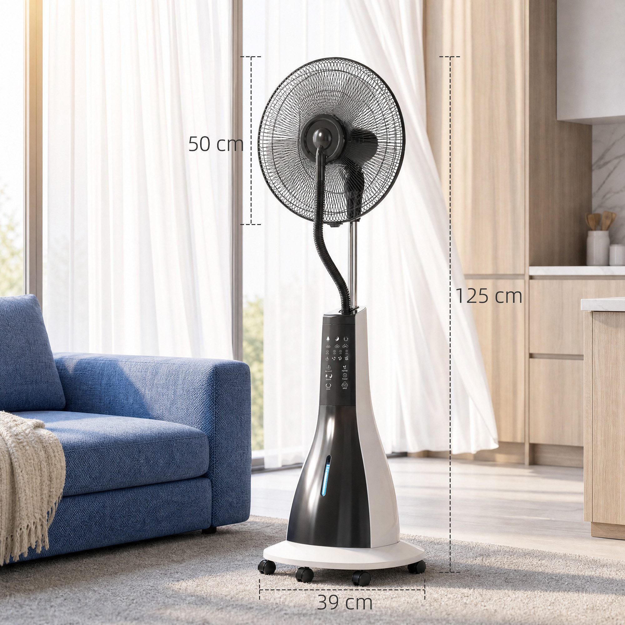 HOMCOM Standventilator Ventilator mit Wasserkühlung, 3 Stufen, 90 W, Wasserventilator, 3 Stufen 3L Wassertank 90 W Wasserventilator mit Rollen, 125 cm