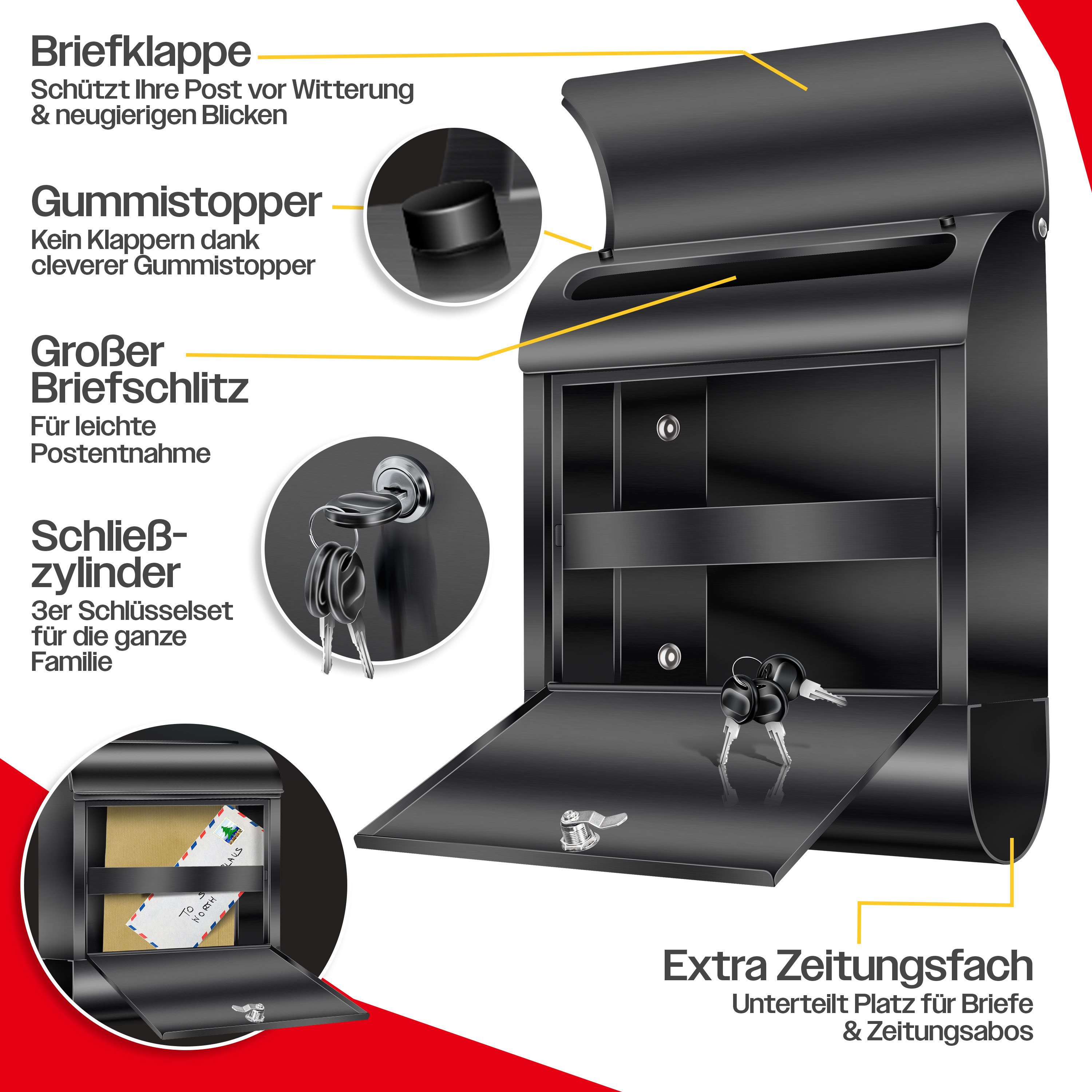 KESSER Briefkasten XXL Wandbriefkasten aus Edelstahl mit Zeitungsfach & 3 Schlüssel, Wandmontage, abschließbar, inkl. Montagematerial