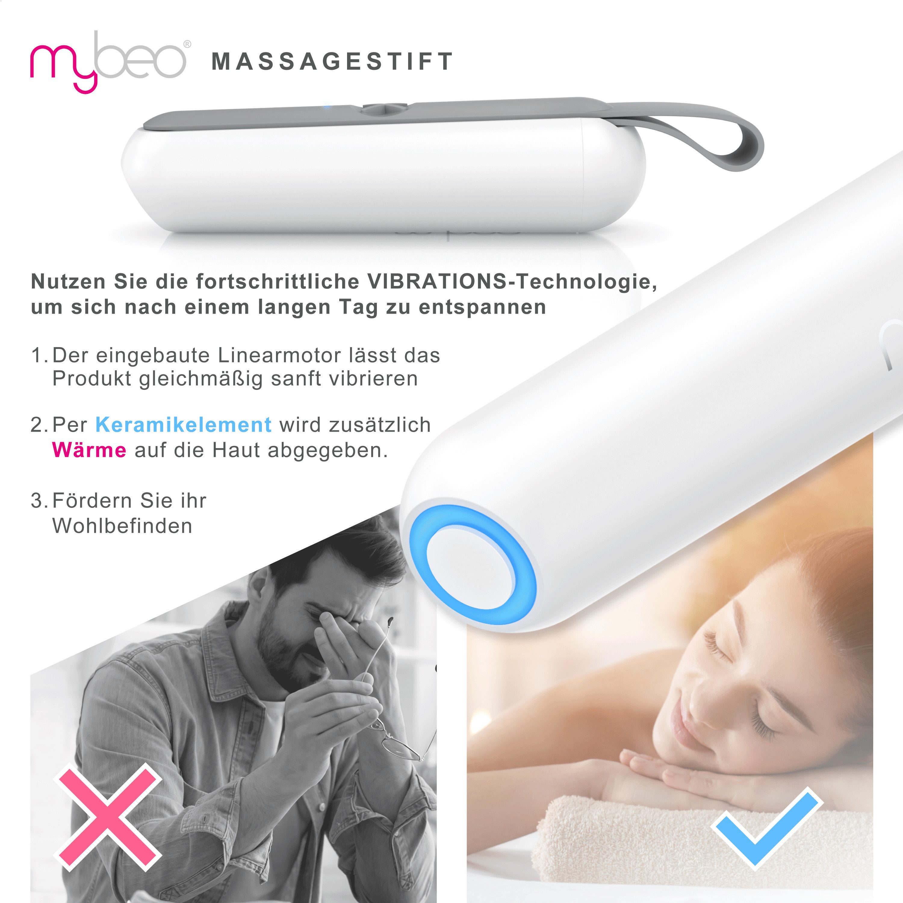 MyBeo Massagegerät Massagestift Vibrationsstift, Vibration und Wärmeeffekt, elektrisch, Steigerung des Wohlbefindens von Hautbereichen