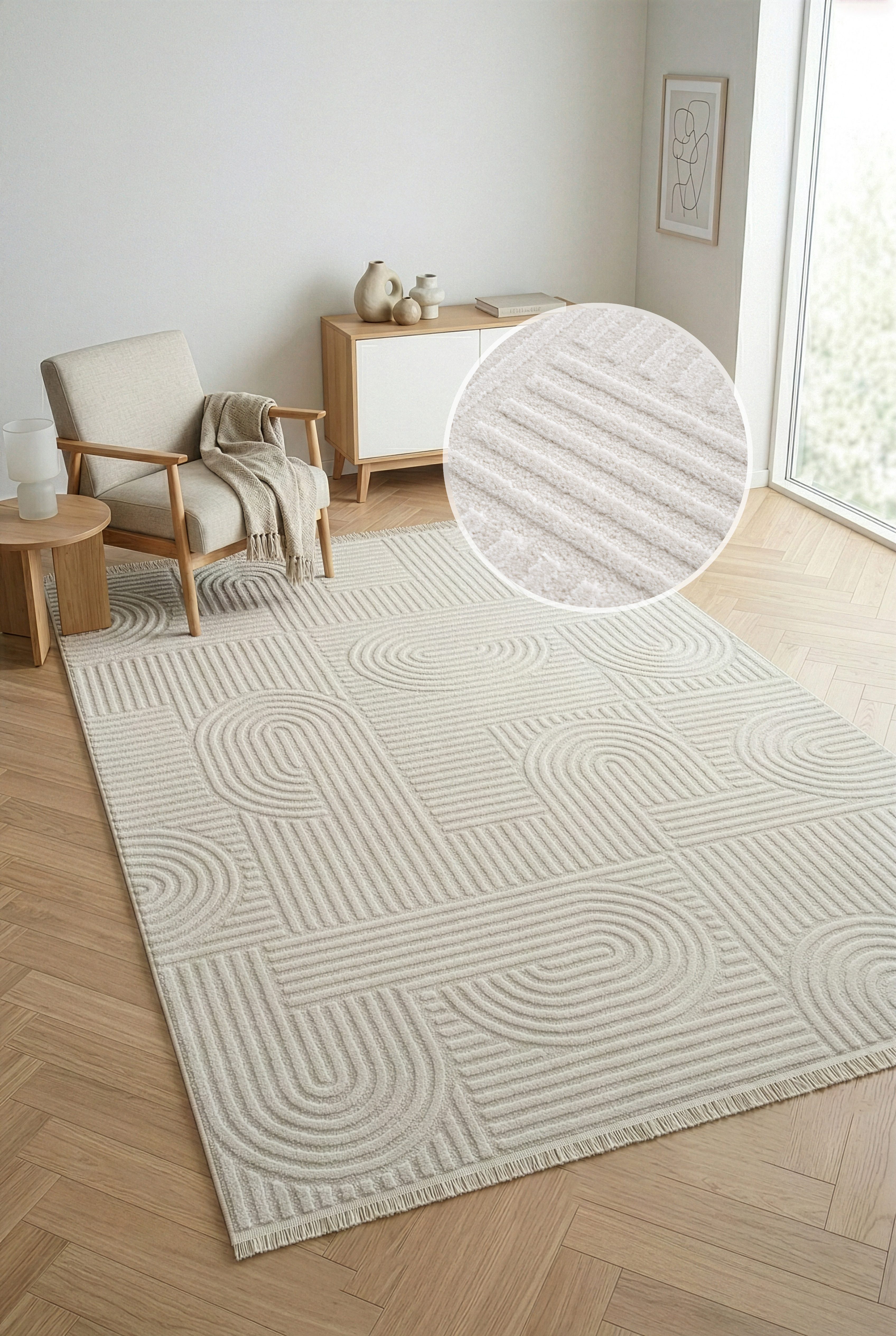OTTO home Teppich Jonnis, mit Fransen, Boho-Design, Scandi, Designteppich, rechteckig, Höhe: 9 mm, Hoch-Tief, 3D Optik, skandinavischer Stil, Wohnzimmer, Schlafzimmer