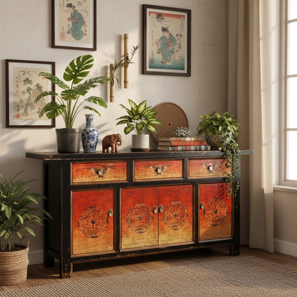 OPIUM OUTLET Sideboard Schrank Kommode Asia Vintage Möbel chinesisch orientalisch asiatisch (authentische Motive, Hochzeitsschrank Anrichte Buffet), B x T x H: 175 cm x 45 cm x 85 cm / komplett montiert