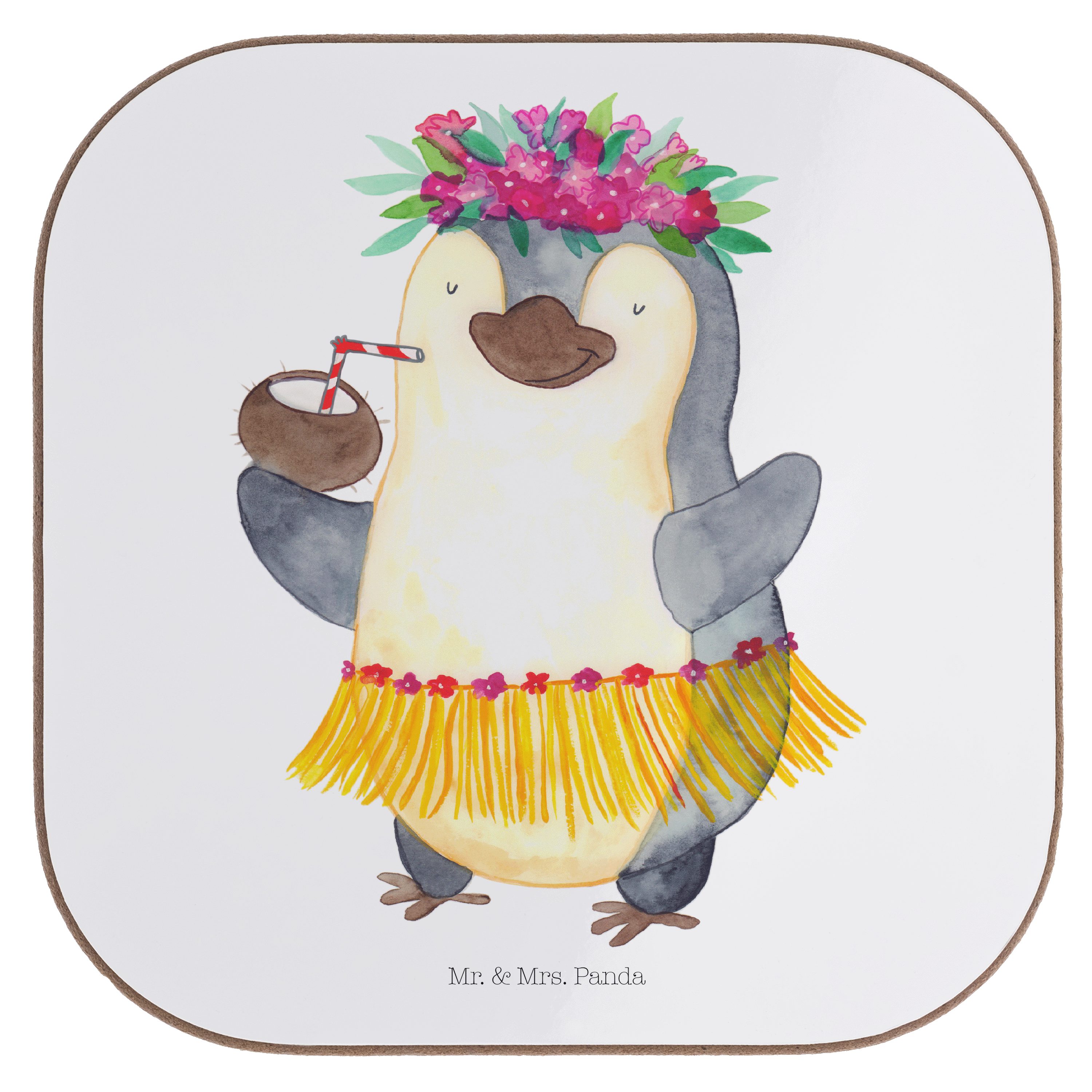 Mr. & Mrs. Panda Getränkeuntersetzer Pinguin Kokosnuss - Weiß - Geschenk, entspannt, Urlaub, Untersetzer G, 1-tlg.