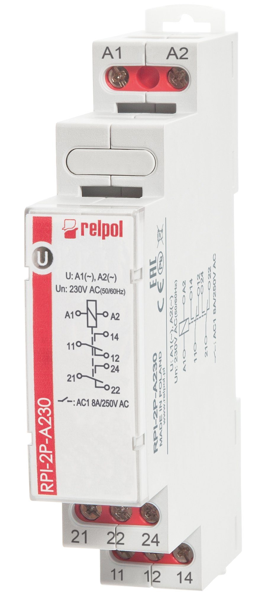 Relpol Verteilerbox RPI-2P-A230 - 230V AC 8A Installationsrelais 2 Wechsler, Schaltrelais für Hutschiene