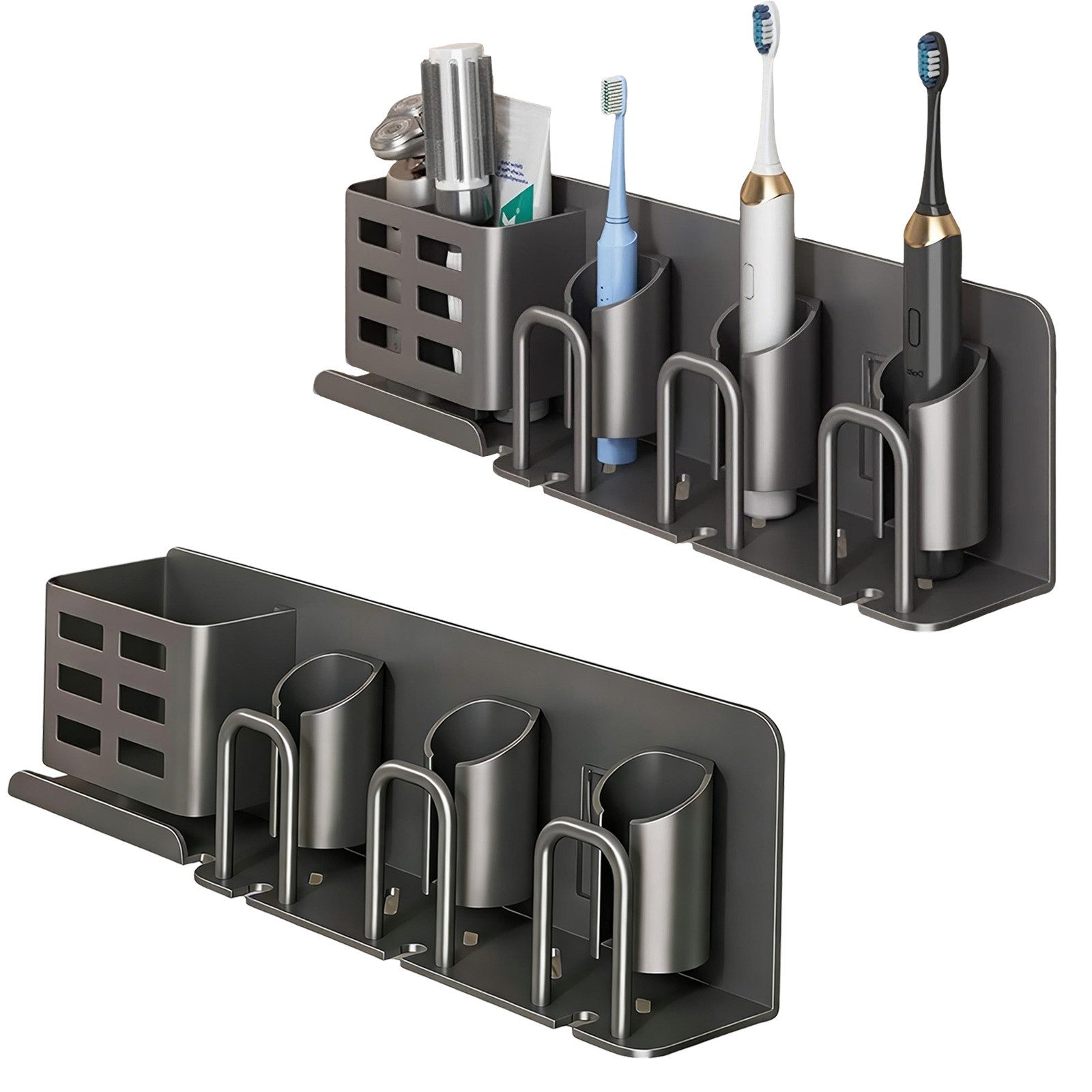 BlingBin Zahnbürstenhalter Elektrischer Zahnbürstenhalter aus Aluminium, Badezimmer-Wandmontage, (2er set, 2-St., 35 * 6,5 * 9,5 cm), Zahnbürstenhalter, Aufbewahrungsregal, Becherhalter (3 Fächer)
