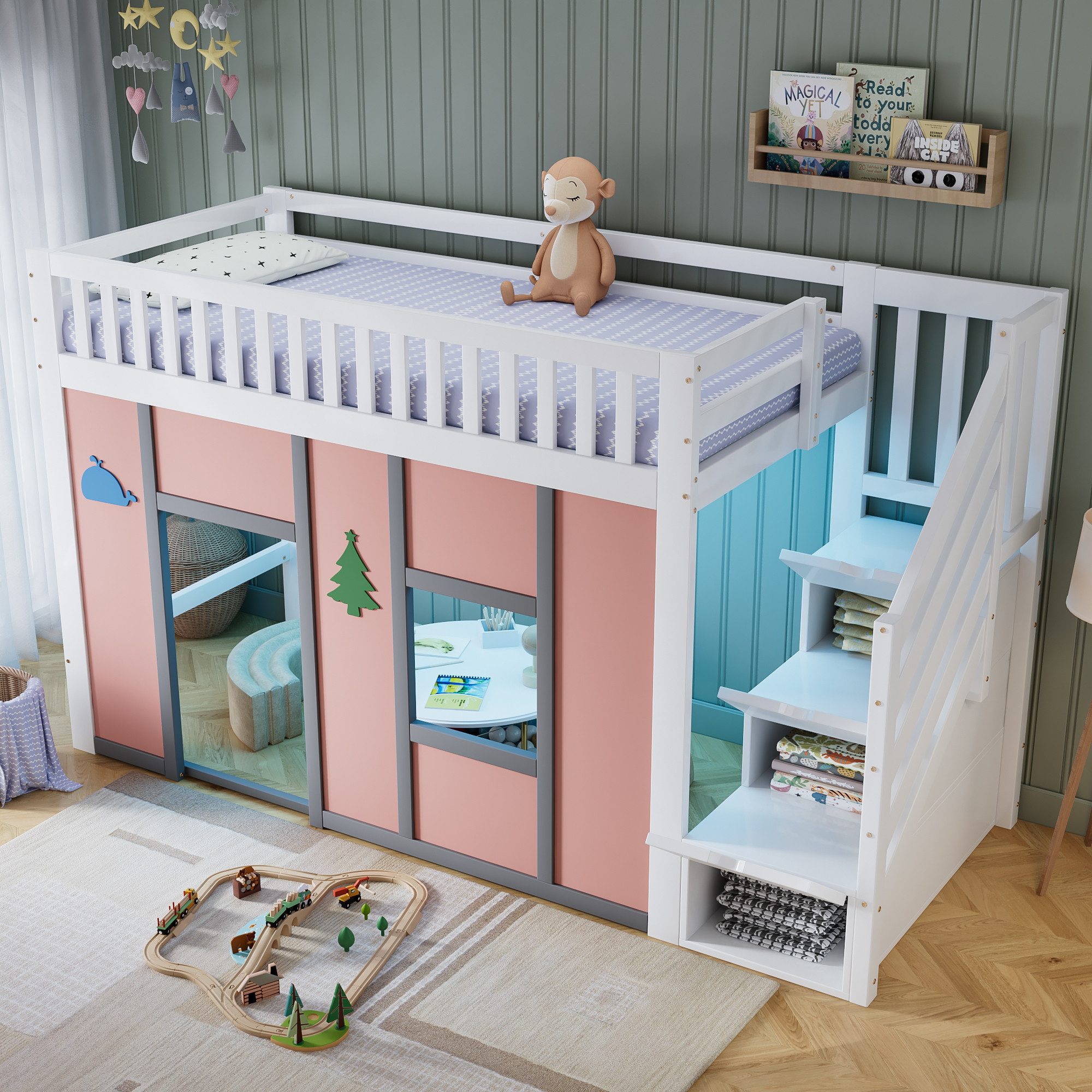 TavilaEcon Hochbett Halbhochbett mit Stauraumtreppe, LED-Beleuchtung und Spielbereich (1-St) mit Rausfallschutz und Deko-Motiven für Kinderzimmer, 90x200 cm – Bild 2 von 5