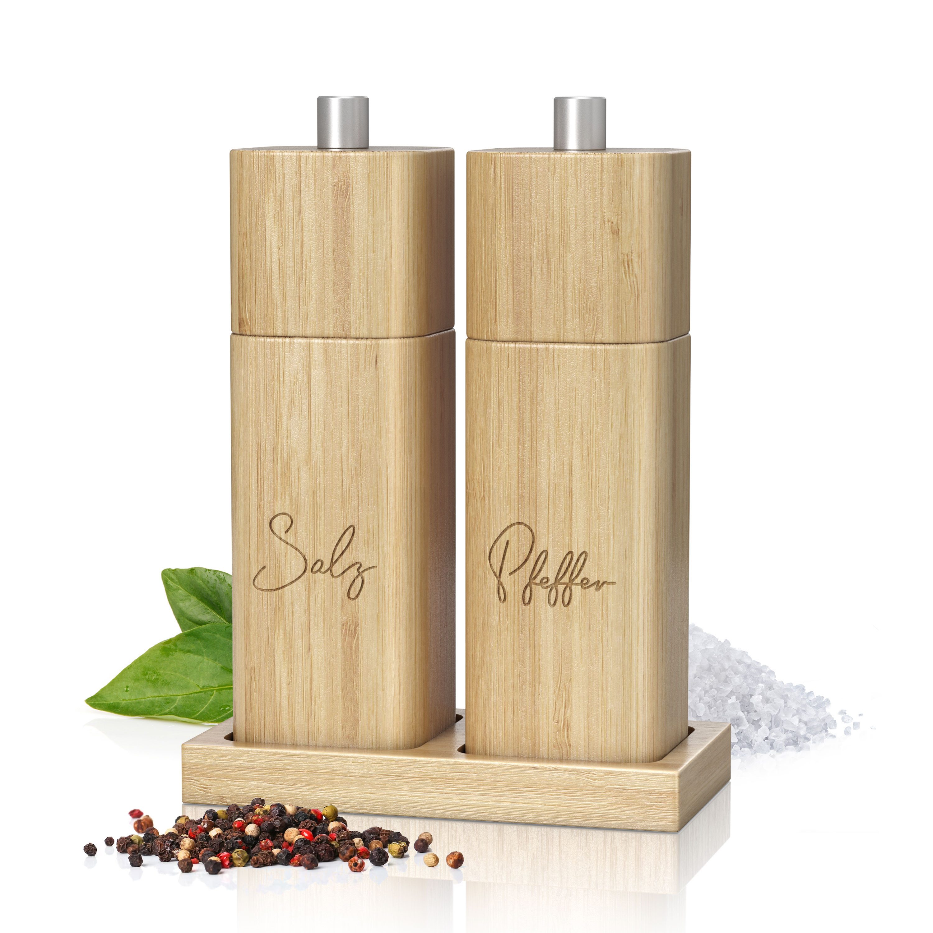 ElbFuchs Salz-/Pfeffermühle manuell, (2 Stück), verstellbarer Mahlgrad, Keramikmahlwerk, Gewürzmühle mit Untersetzer