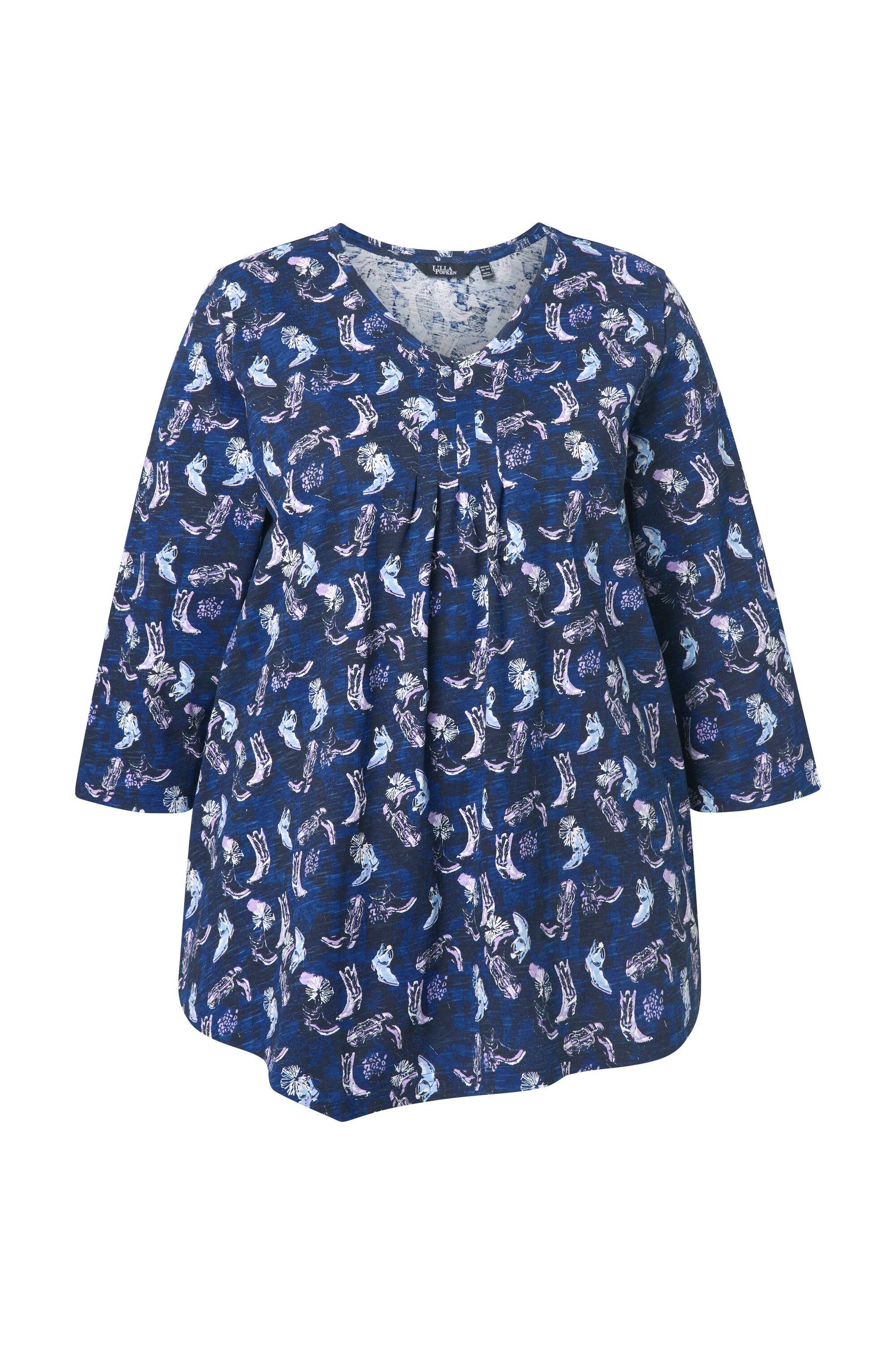 Ulla Popken T-Shirt Shirt Blüten Zierfalten A-Linie V-Ausschnitt günstig online kaufen