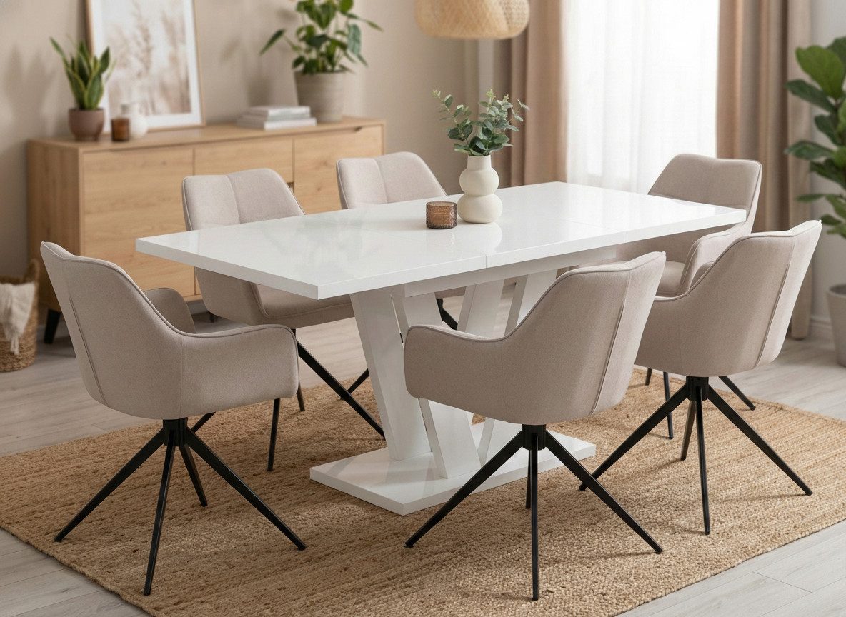 Endo-Moebel Essgruppe "Lara White" 130-210cm ausziehbar, Tischgruppe, für 6 Personen, (1 ausziehbarer Esstisch, 6 bequeme Stühle), Synchronauszug, Erweiterbar, Weiße Tischbeine, Säulengestell