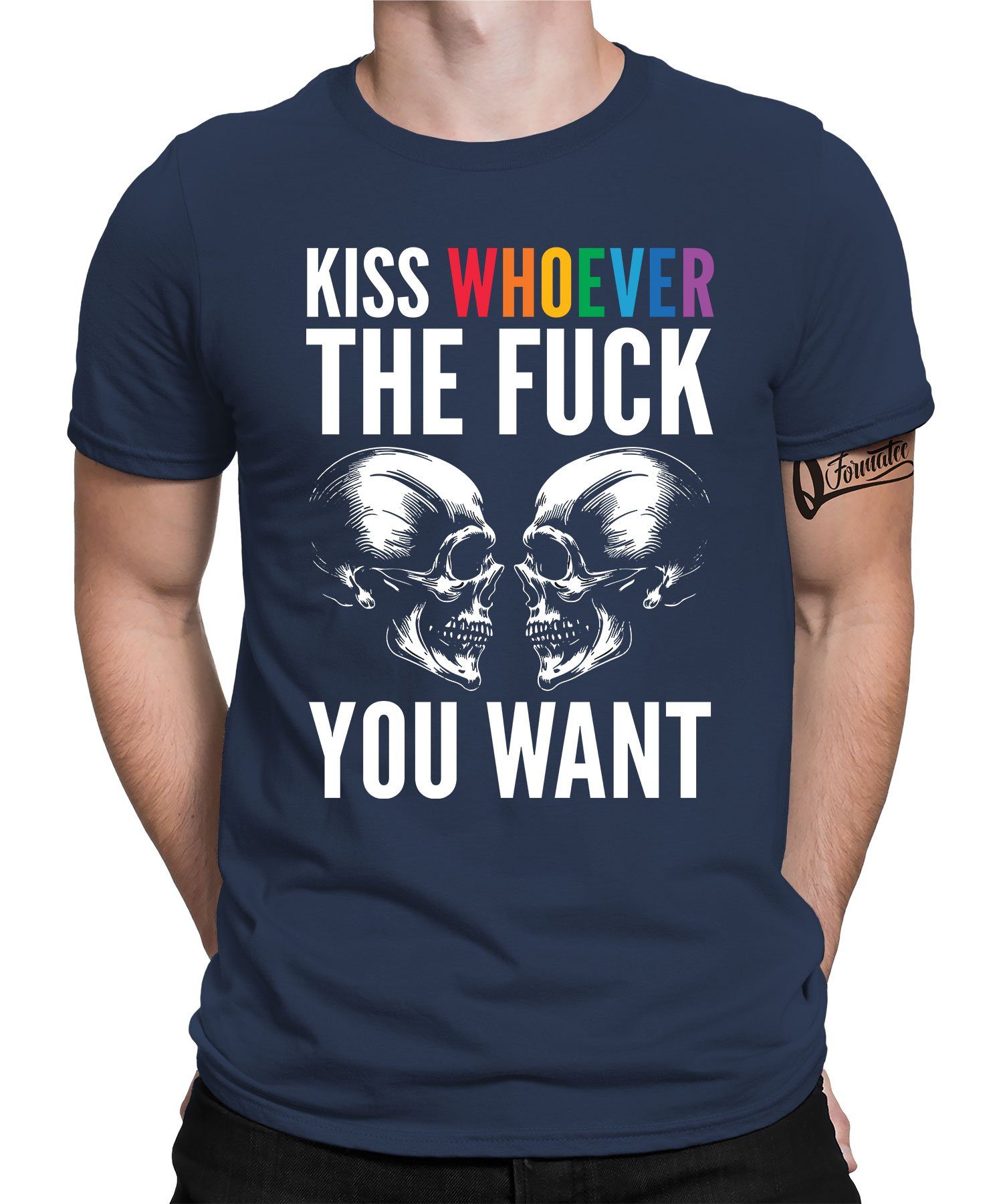 Kiss Navy Totenkopf - Weihnachten LGBT Quattro Weihnachtsgeschenk Kurzarmshirt Formatee Herren Blau X-mas (1-tlg)