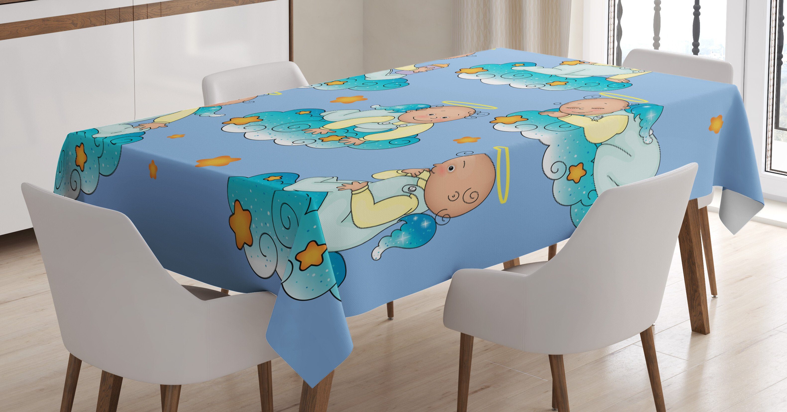 Abakuhaus Tischdecke Farbfest Waschbar Für den Außen Bereich geeignet Klare Farben, Blau Babys auf Wolken in Cartoon