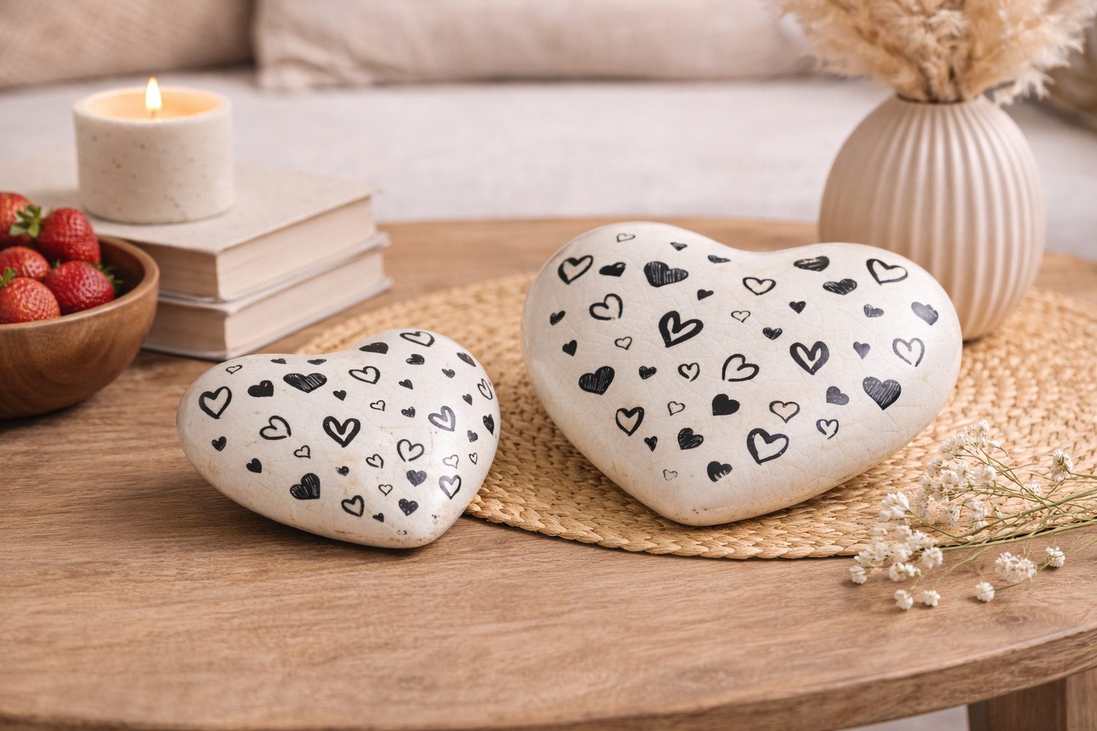 finehomegarden Dekoobjekt Deko Herz liegend Weiß-Schwarz aus Steinzeug 2er Set 8,5xH4,5 cm (Set, 2 St., 2tlg), 11,5xH4,5 cm Modernes Herz Ornament im Vintage Look