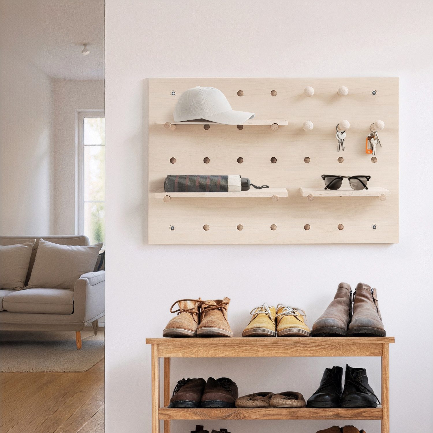 Maclean Wandtafel MC-130 WD Holzbrett-Organisator Steckbrett 40x60 cm, (1-tlg), Helle Holzfarbe max. 20 kg, Anzahl der Löcher: 31
