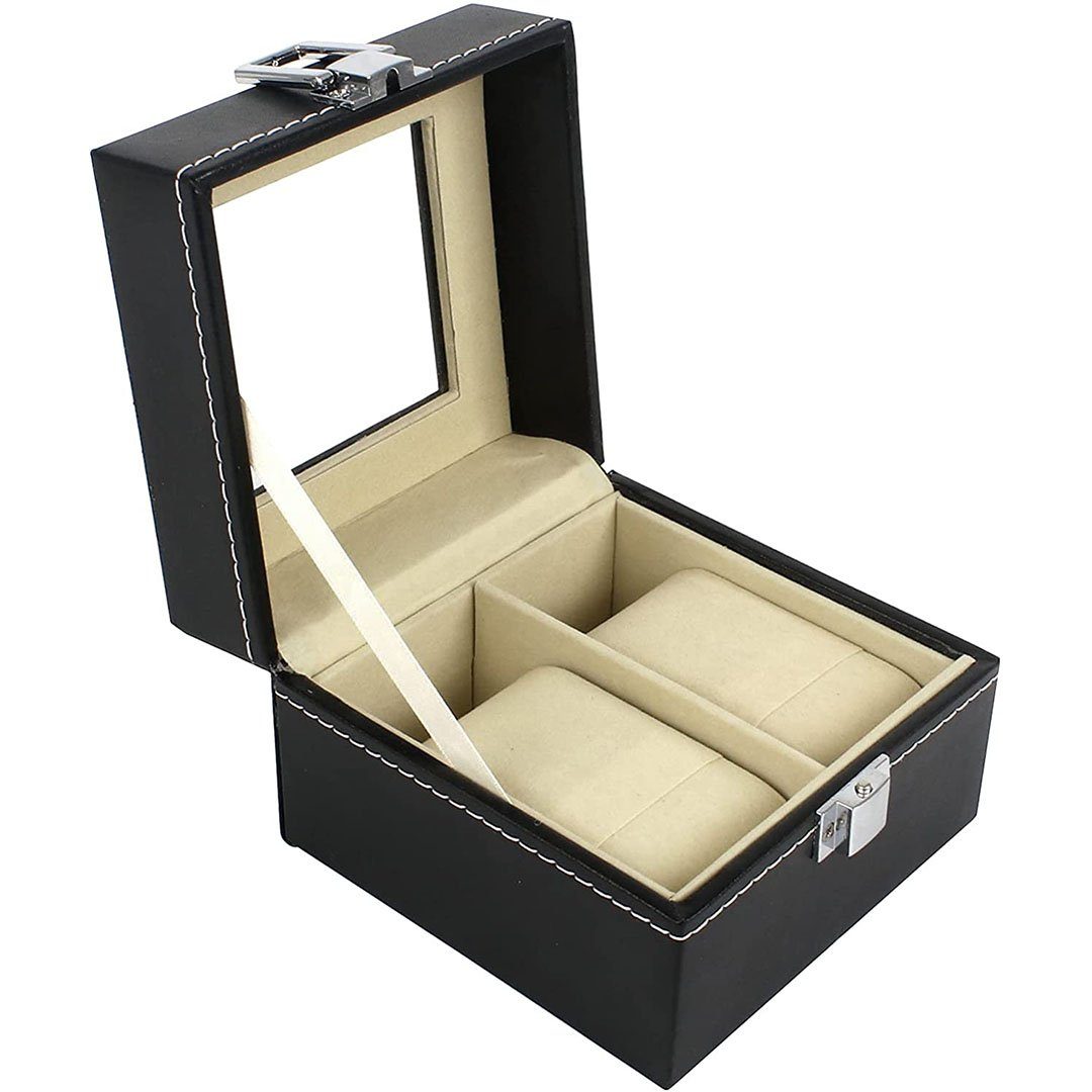 Schwarz SUEH DESIGN Uhrenbox mit 6 Fächern für Herren Uhrenvitrine aus PU-Leder mit Glasdeckel 