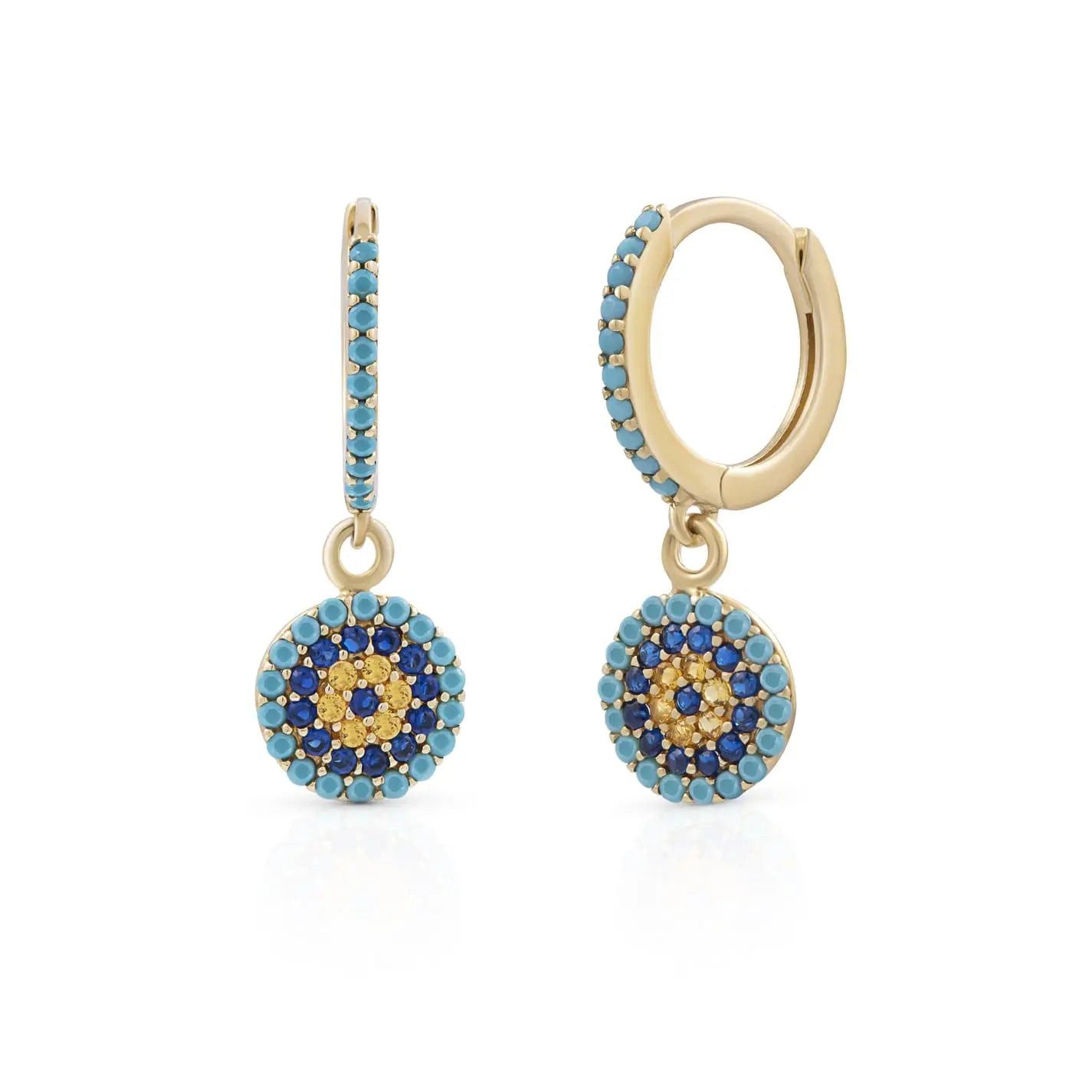 Suzan Gold Creolen-Set Evil Eye Huggies Echtgold Ohrringe mit Schutzsymbol & blauen Akzenten, Gelbgold 375, Zirkonia-Steine
