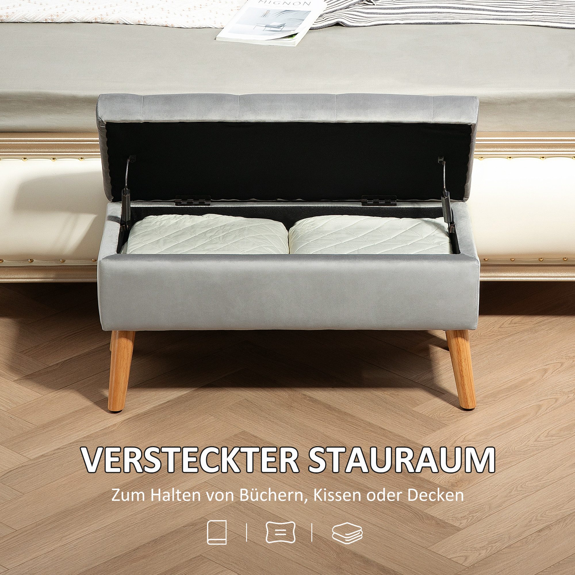 HOMCOM Sitzbank Polsterbank mit Deckel, Bettbank mit Samtoptik (Truhenbank, 1-St., Polsterbank), für Flur Schlafzimmer Wohnzimmer, Gummiholz 80 x 35 x 42 cm Gra – Bild 4 von 5