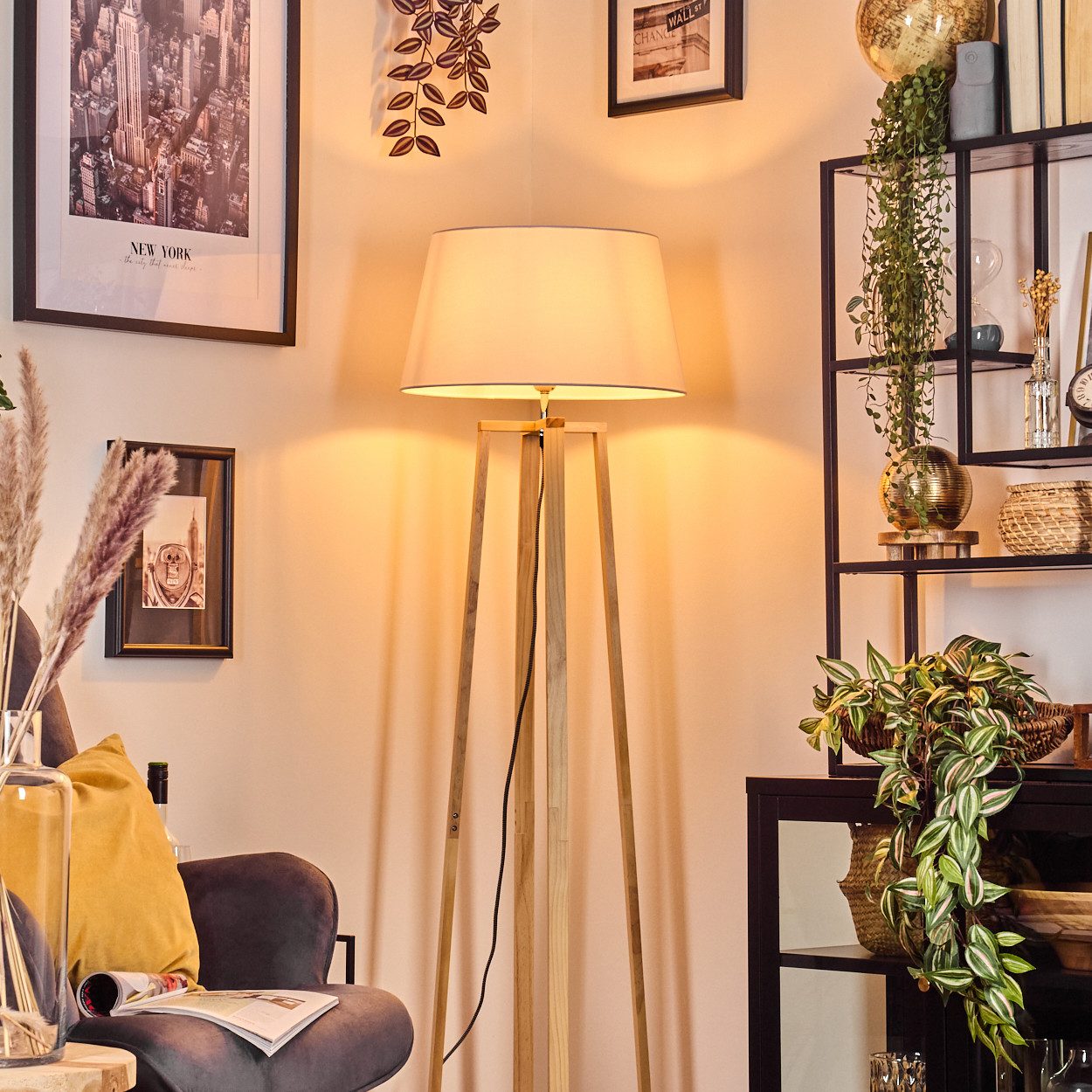 hofstein Stehlampe Stehlampe mit Holzfuß und Schirm aus Stoff, ohne Leuchtmittel, Boho-Style, skandinavisches Design (45 cm), Fußschalter, 1 x E27