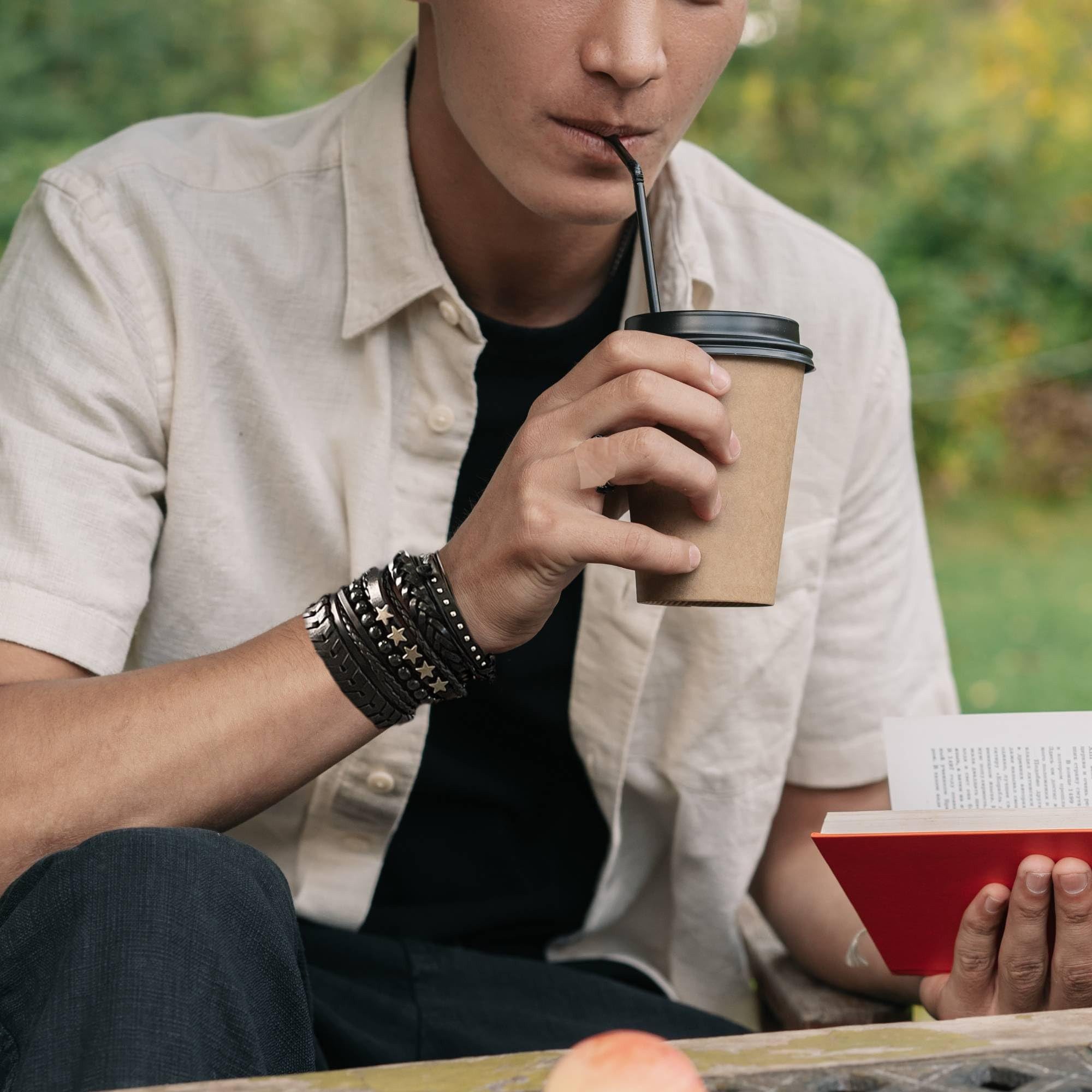 Coonoor Leather Bracelet Set 6-Piece Punk Bracelet Set for Men, Black Leather Bracelet, Gothic Braided Bangle