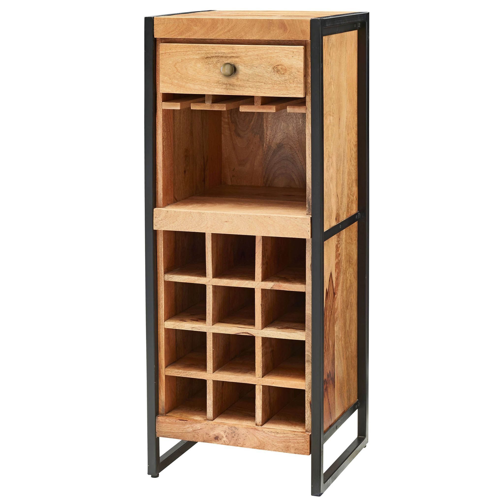 bene living Weinregal Fontana - 51 cm - Mangoholz, Indoor-Möbelset 1-tlg., Massivholz und Metall - Flaschenfächer - Schublade - Fach