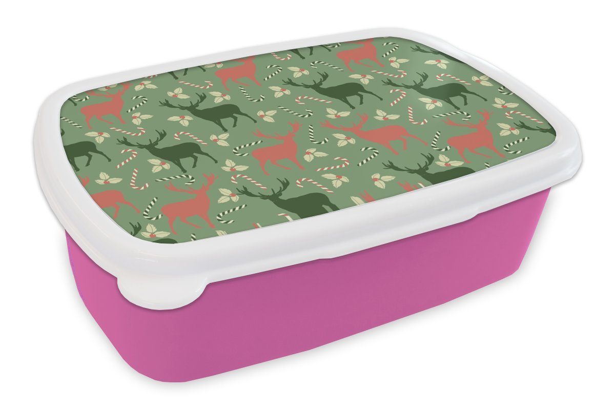 MuchoWow Lunchbox Schnittmuster - Weihnachten - Rentier, Kunststoff, (2-tlg), Brotbox für Erwachsene, Brotdose Kinder, Snackbox, Mädchen, Kunststoff rosa