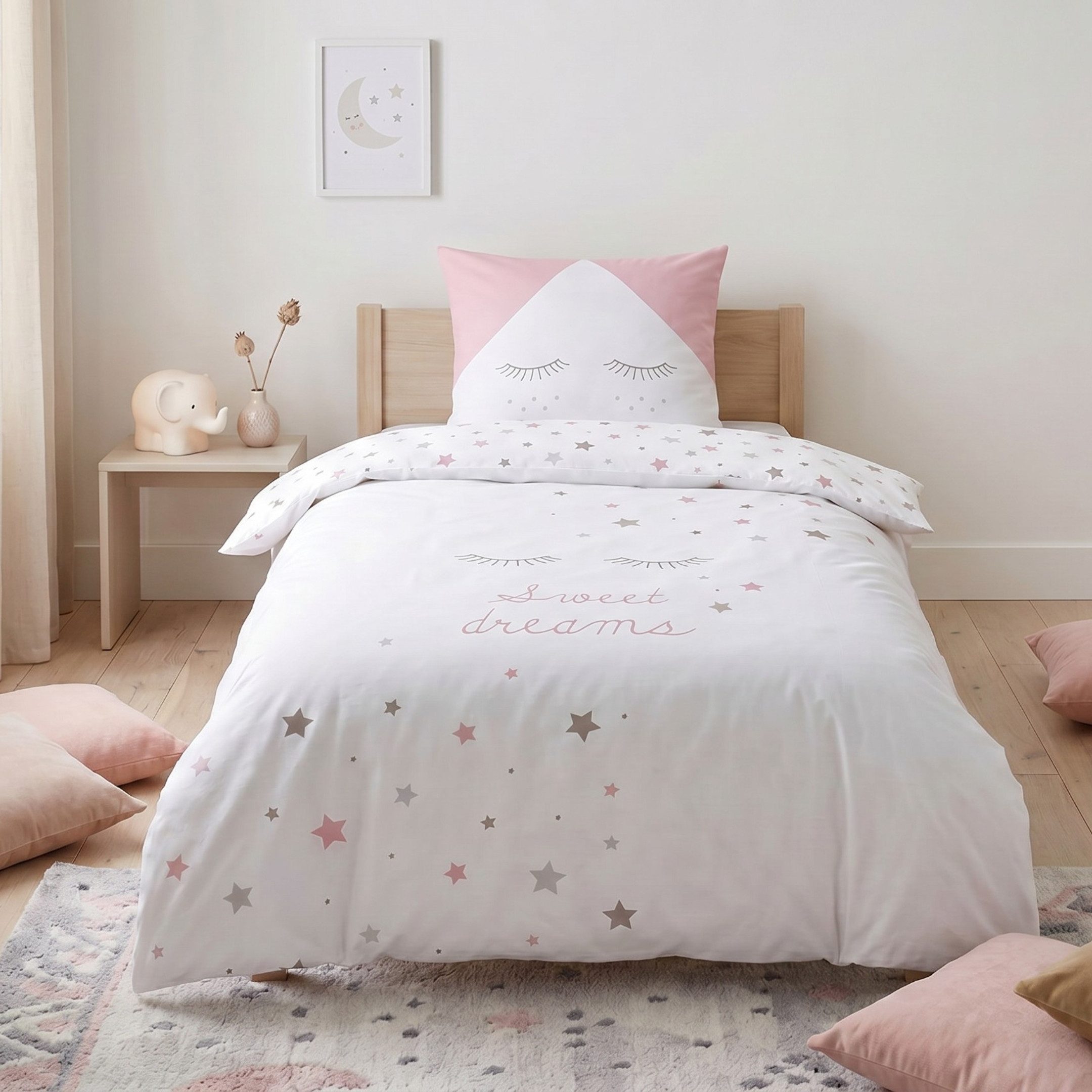 MTOnlinehandel Bettwäsche Sweet Dreams 135x200 + 80x80 cm, 100 % Baumwolle, Renforcé, 2 teilig, Sterne, Wimpern Bettwäsche in rosa & grau für Kinder und Erwachsene