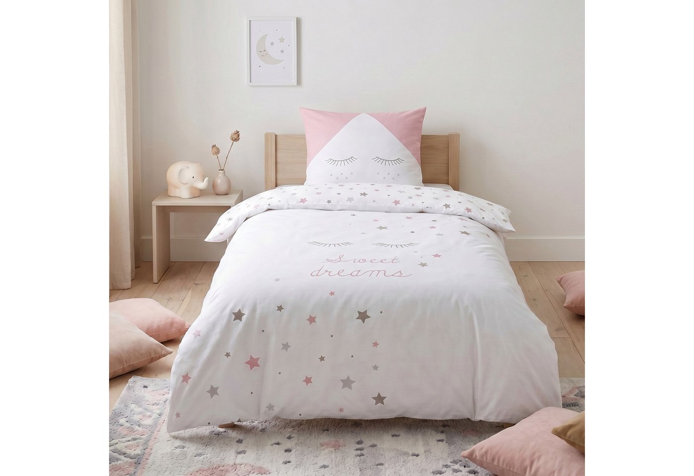 MTOnlinehandel Bettwäsche Sweet Dreams 135x200 + 80x80 cm, 100 % Baumwolle, Renforcé, 2 teilig, Sterne, Wimpern Bettwäsche in rosa & grau für Kinder und Erwachsene