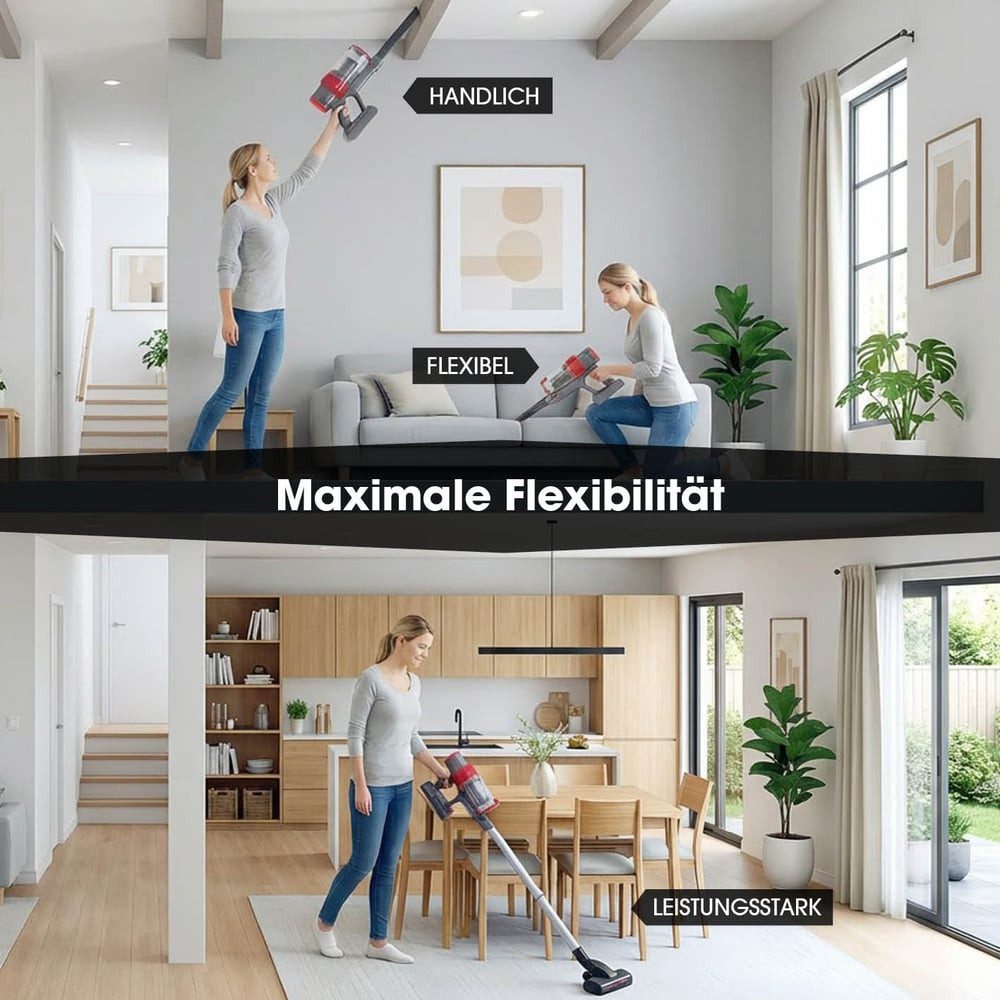 CLEANmaxx Akku-Hand-und Stielstaubsauger Akku-Zyklonsauger, 2 in 1 Handstaubsauger & Bodenstaubsauger, 150 W, beutellos, 22,2-V-Li-Ion-Handstaubsauger Akku, Handsauger mit 12 kPa Saugkraft