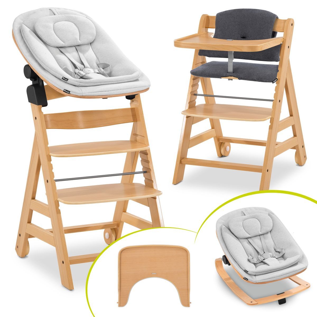 Hauck Hochstuhl Alpha Move Natur Newborn Set Eco - Natur, Holz Babystuhl ab Geburt mit Neugeborenensufsatz, Sitzkissen, Essbrett