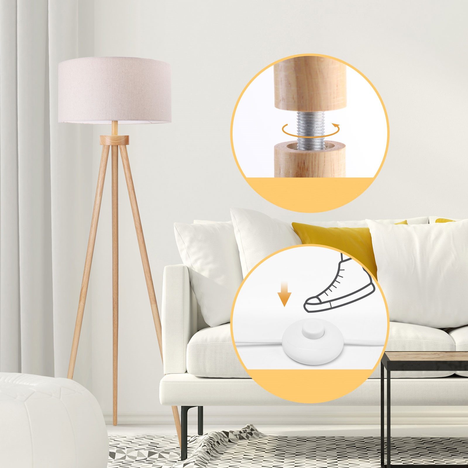 Aigostar LED Stehlampe Vintage mit Leinenschirm Lampenschirm und Fußschalter,143 cm Höhe – Bild 3 von 5