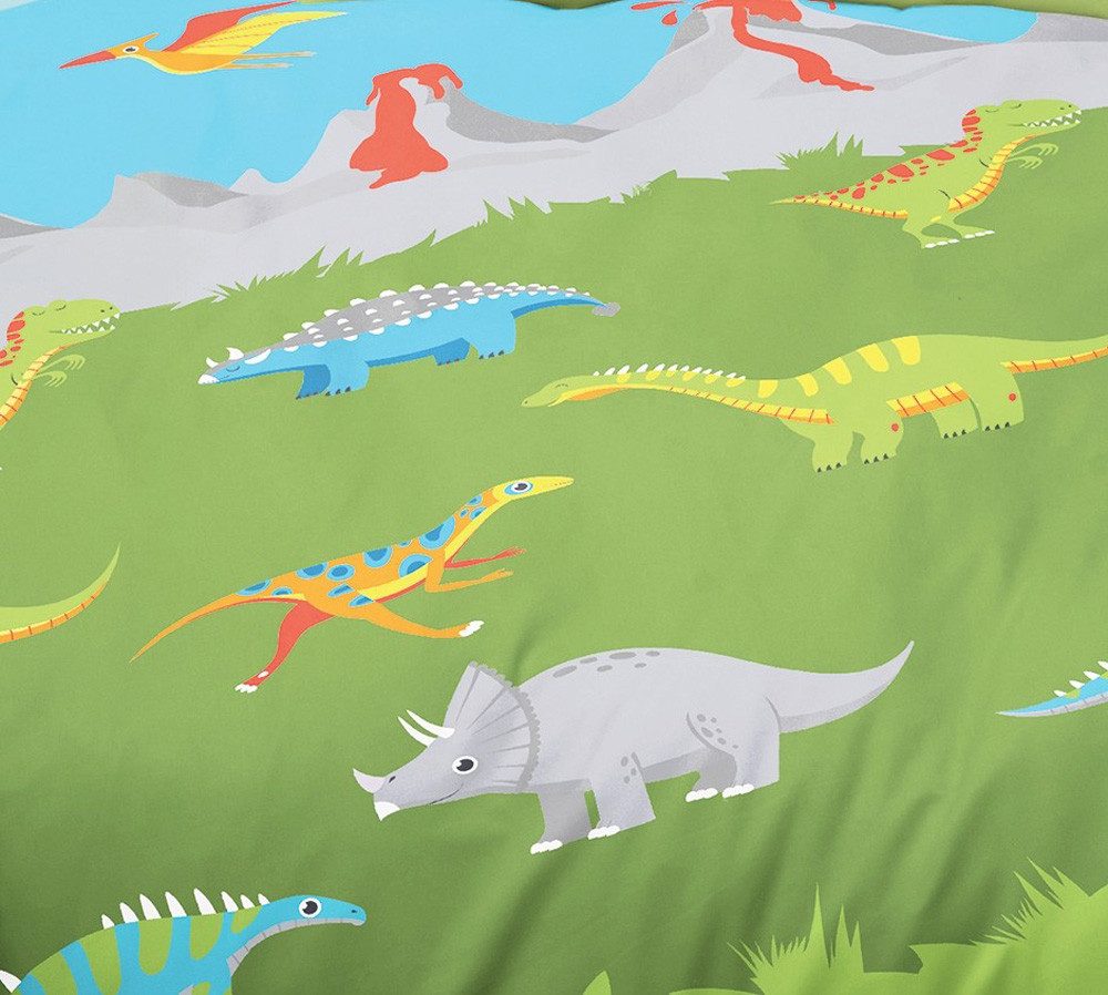 JACK Kinderbettwäsche JACK by Bierbaum Kinder Biber Bettwäsche 2 tlg. 135x200cm Dinosaurier, Biber, 2 teilig, farbenfrohe Dinos, Vulkane, warme Kinderbettwäsche – Bild 3 von 5