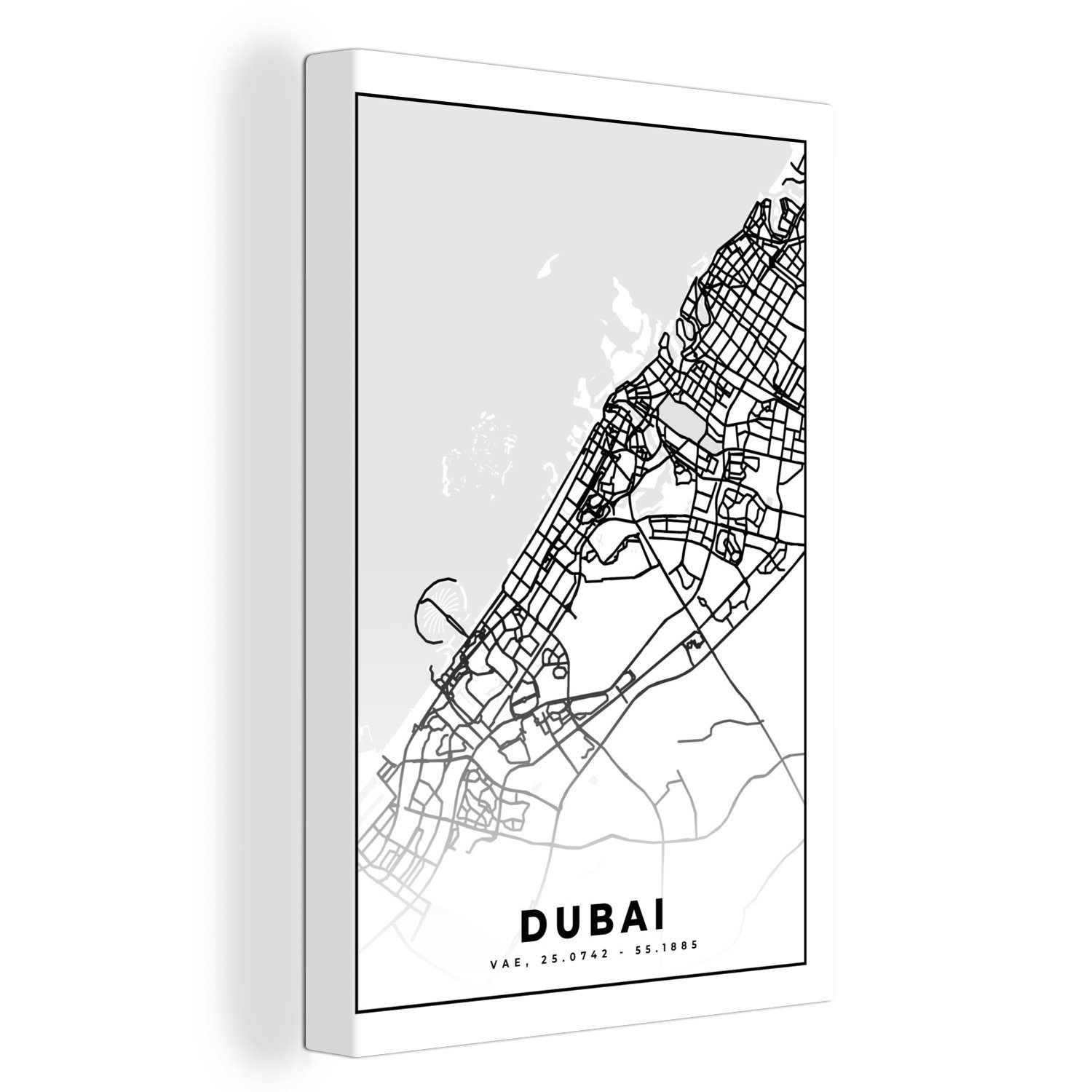 OneMillionCanvasses® Leinwandbild Dubai - Karte - Stadtplan - Schwarz und weiß, (1 St), Leinwandbild fertig bespannt inkl. Zackenaufhänger, Gemälde, 20x30 cm