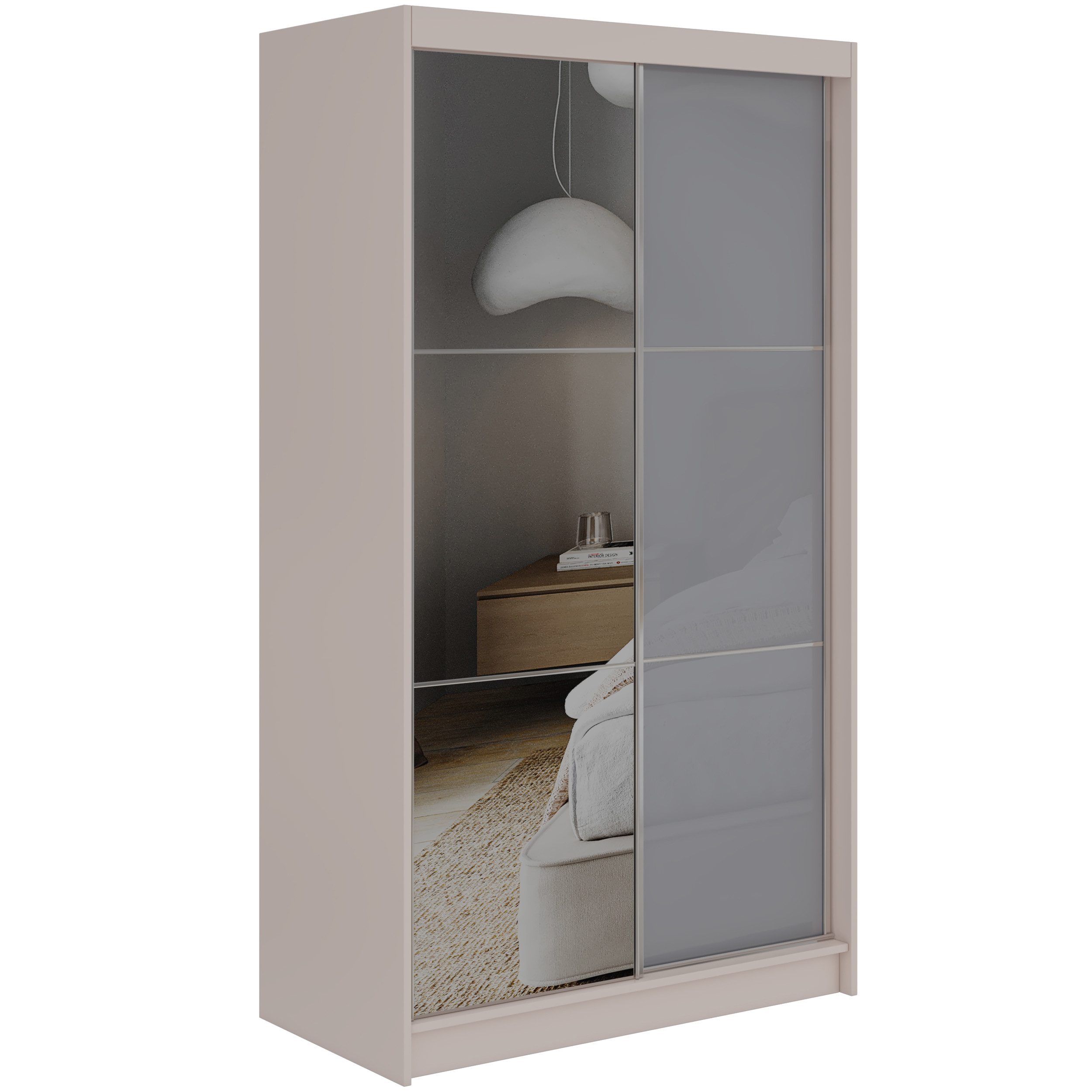 MKS MÖBEL Schiebetürenschrank WALENCJA 120 (Kleiderschrank mit Spiegel und Lacobel, mit Schiebetüren) Kleiderschrank mit Stauraum, 216 cm hoch, 61 cm tiefe