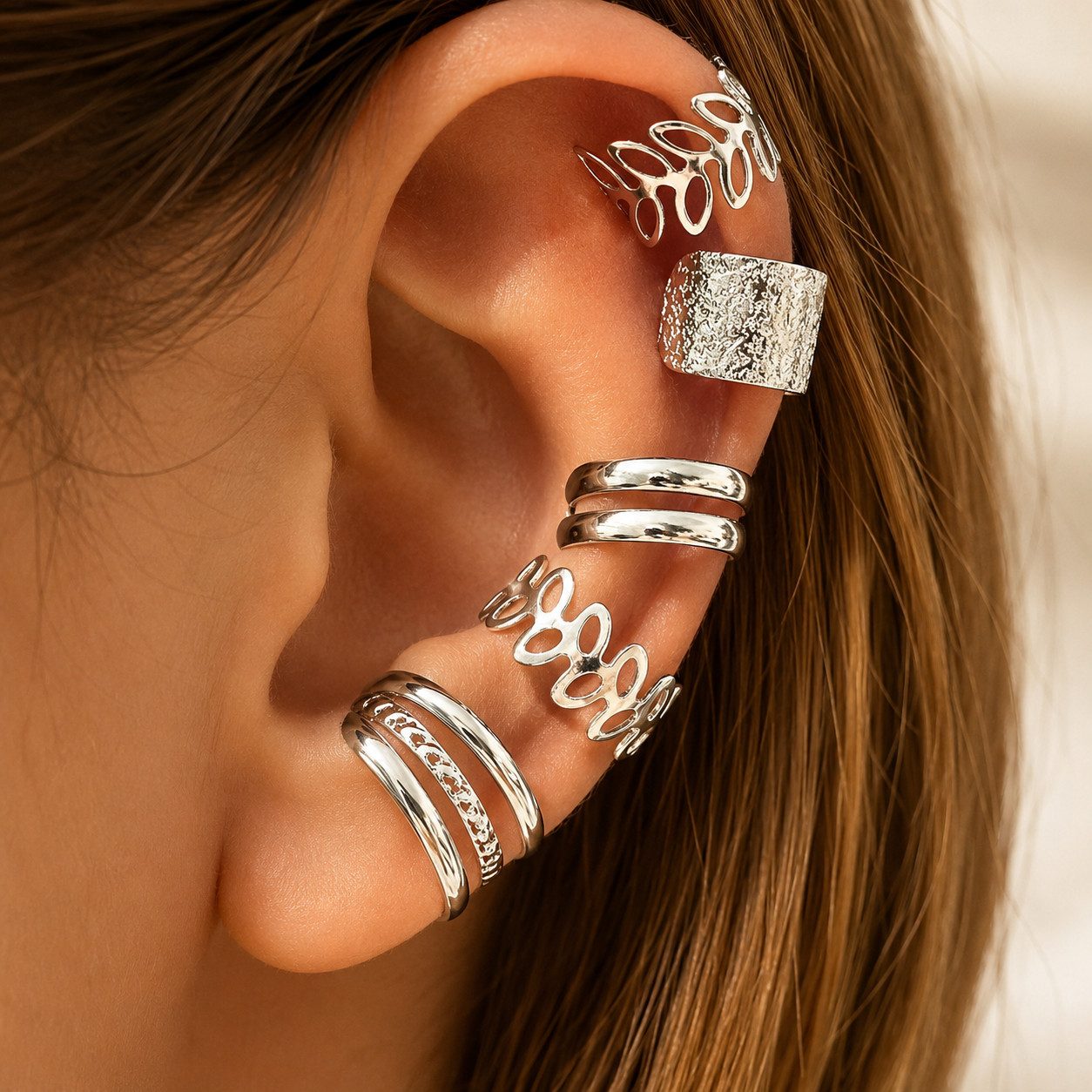 XCOAST Ohrring-Set 11-teiliges Ohr-Cuffs Set Silber – Clip-Ohrringe ohne Piercing (vielseitig kombinierbar, 11-teiliges Set), schmuck set geschenk damen – Bild 2 von 5