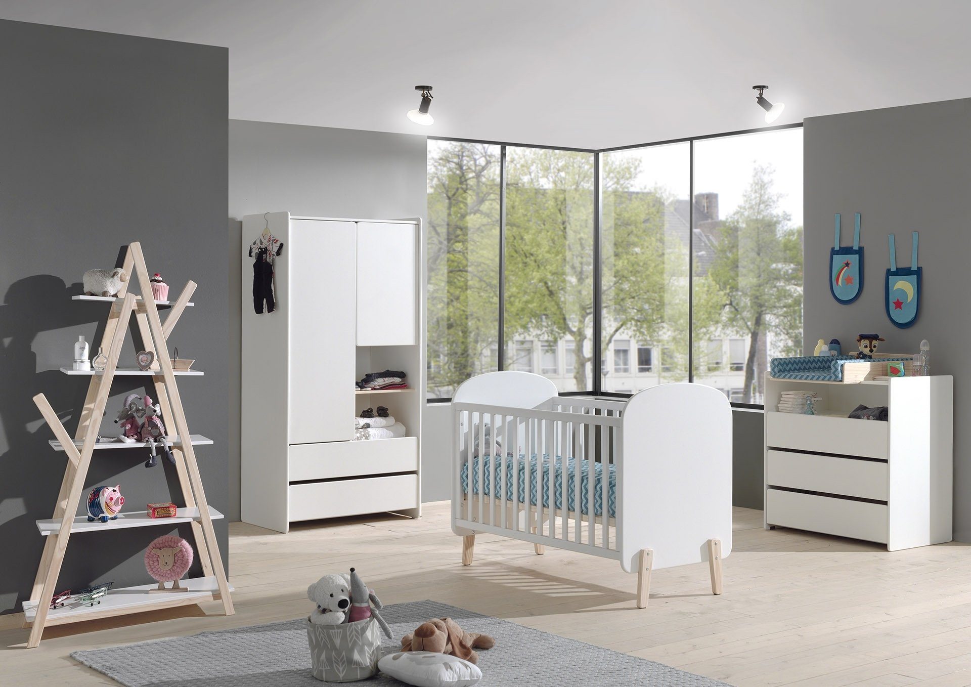 möbelando Regal KIDDY, aus 90x169x34 Massiv in MDF cm und Abmessungen Weiß. Kiefer (BxHxT)