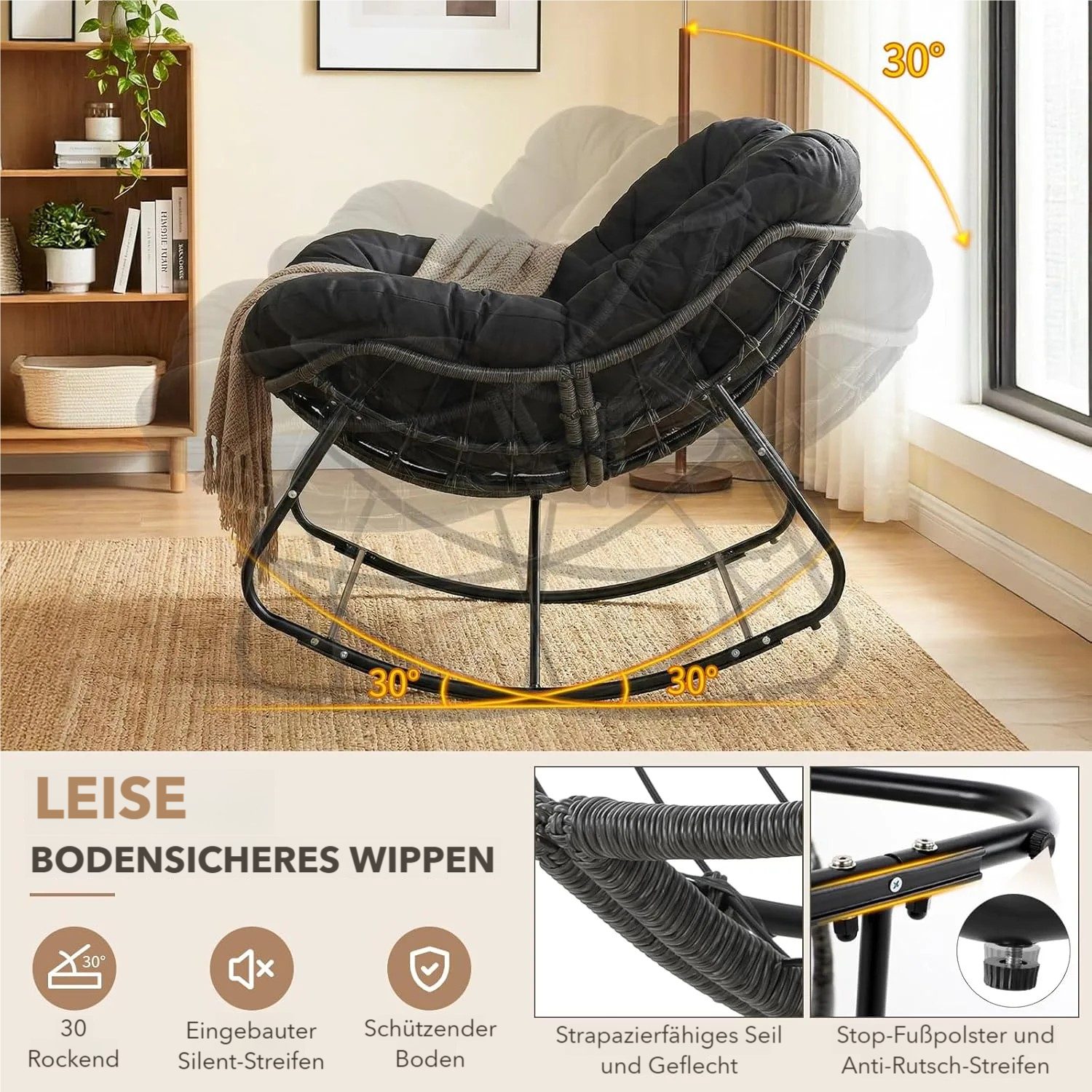 TLGREEN Schaukelstuhl Eiförmiger Rattanschaukelstuhl mit Fußhocker-Set, (Schaukelsessel Oversized, wetterfeste, mit dickem Abnehmbar Polster), Belastung von 150 – Bild 5 von 5