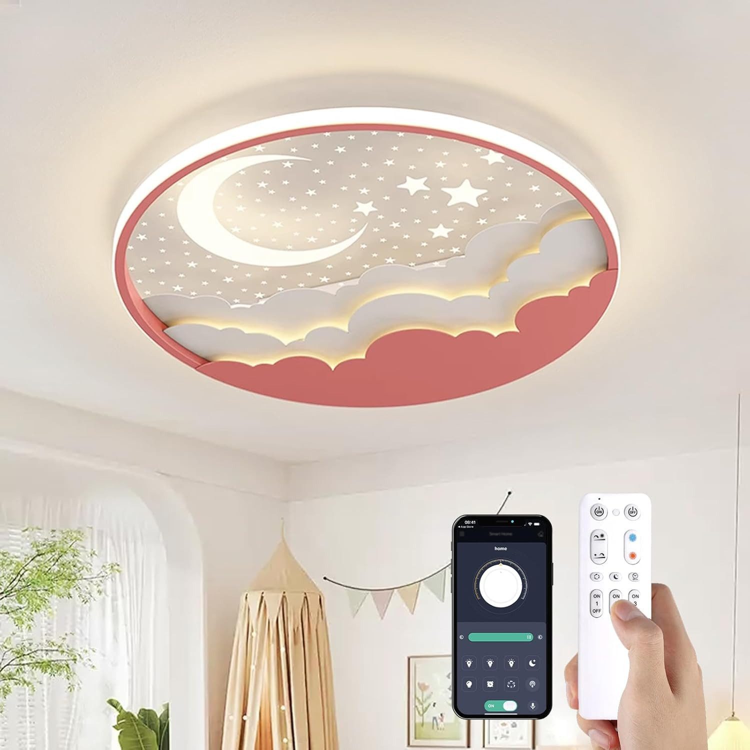 RRBEST Deckenleuchte LED Kinder Deckenlampe, Stern Mond Deckenleuchte Mit Fernbedienung, Warm, Natural, Kalt, Kinderzimmer Dimmbar Deckenleuchten, Schlafzimmer Lampe
