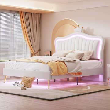 OKWISH Bett Kinderbett Polsterbet Gästebett (Kronen-Doppelbettgestell aus Leder mit LED-Leuchten, Lattenrost und Rückenlehne, Matratze nicht enthaltet 140 x 200 cm)