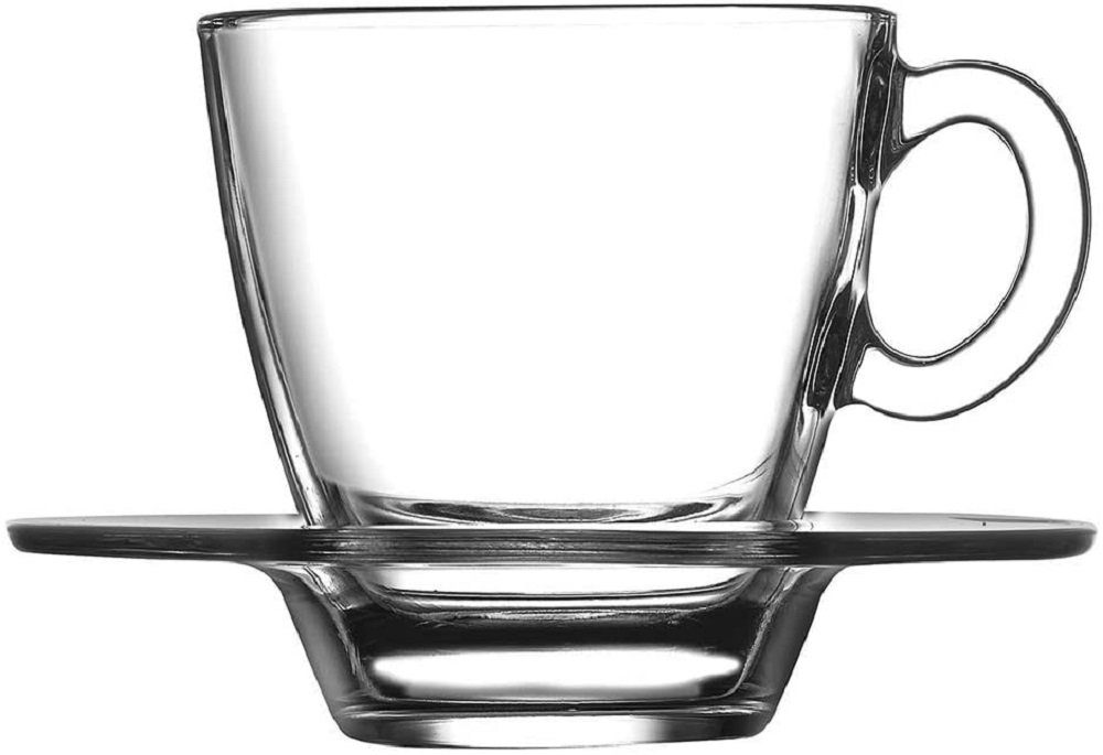 Pasabahce Glas Aqua Service Kaffeetassen mit Teller, Glas, Transparent, 6 Stück, 12-tlg.