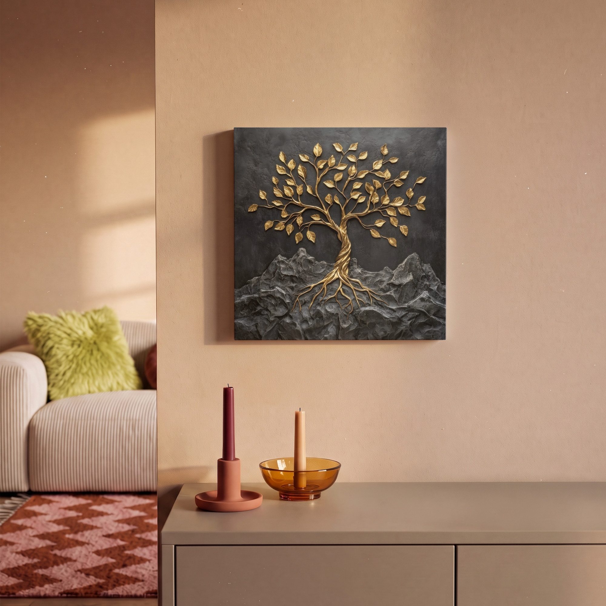 OneMillionCanvasses® Leinwandbild Blätter - Gold - Baum - Fels, Fotodruck (1 St), Wandbild, Deko Schlafzimmer Wohnzimmer Flur 20x20 cm – Bild 2 von 5