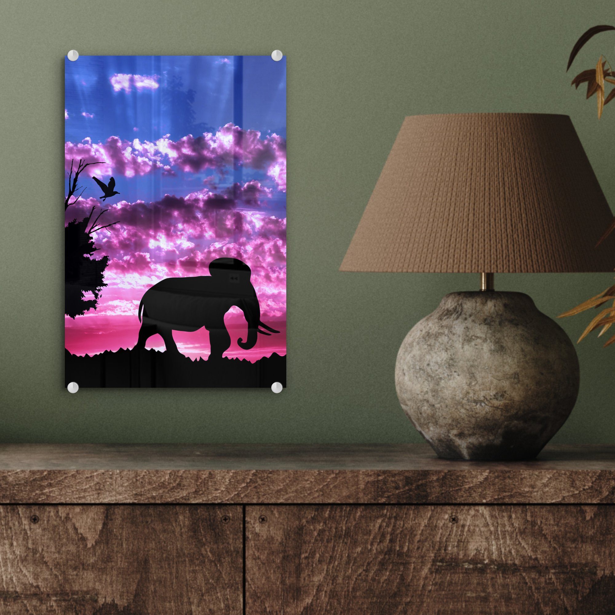 Glas auf Acrylglasbild Foto Wandbild - - - auf - Elefant Bilder - Glasbilder (1 MuchoWow - Vogel Rosa, Wanddekoration Lila Glas St),