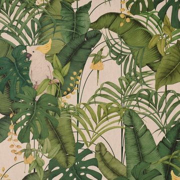 Vorhang SCHÖNER LEBEN. Vorhang Palmenblätter Kakadus natur grün gelb 245cm, SCHÖNER LEBEN., Smokband (1 St), blickdicht, Baumwolle, handmade, made in Germany, vorgewaschen