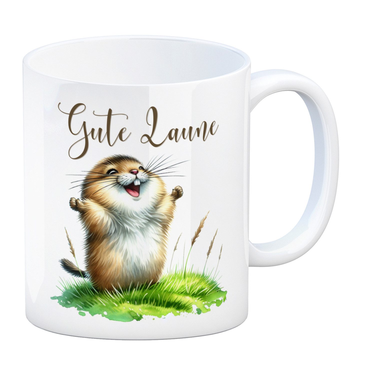 Tasse jubelnder Lemming Kaffeebecher mit Spruch Gute Laune