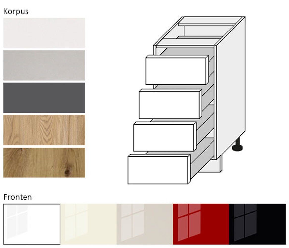 Feldmann-Wohnen Unterschrank Platinium 40cm Front- & Korpusfarbe wählbar 4 Schubladen schwarz Hochglanz