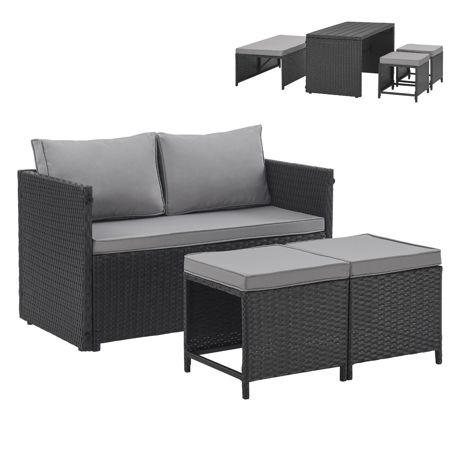 SVITA Gartenlounge-Set ATHINA, (Lounge-Set, Polyrattan), Platzsparend, Tisch und Sofa in einem, Schwarz