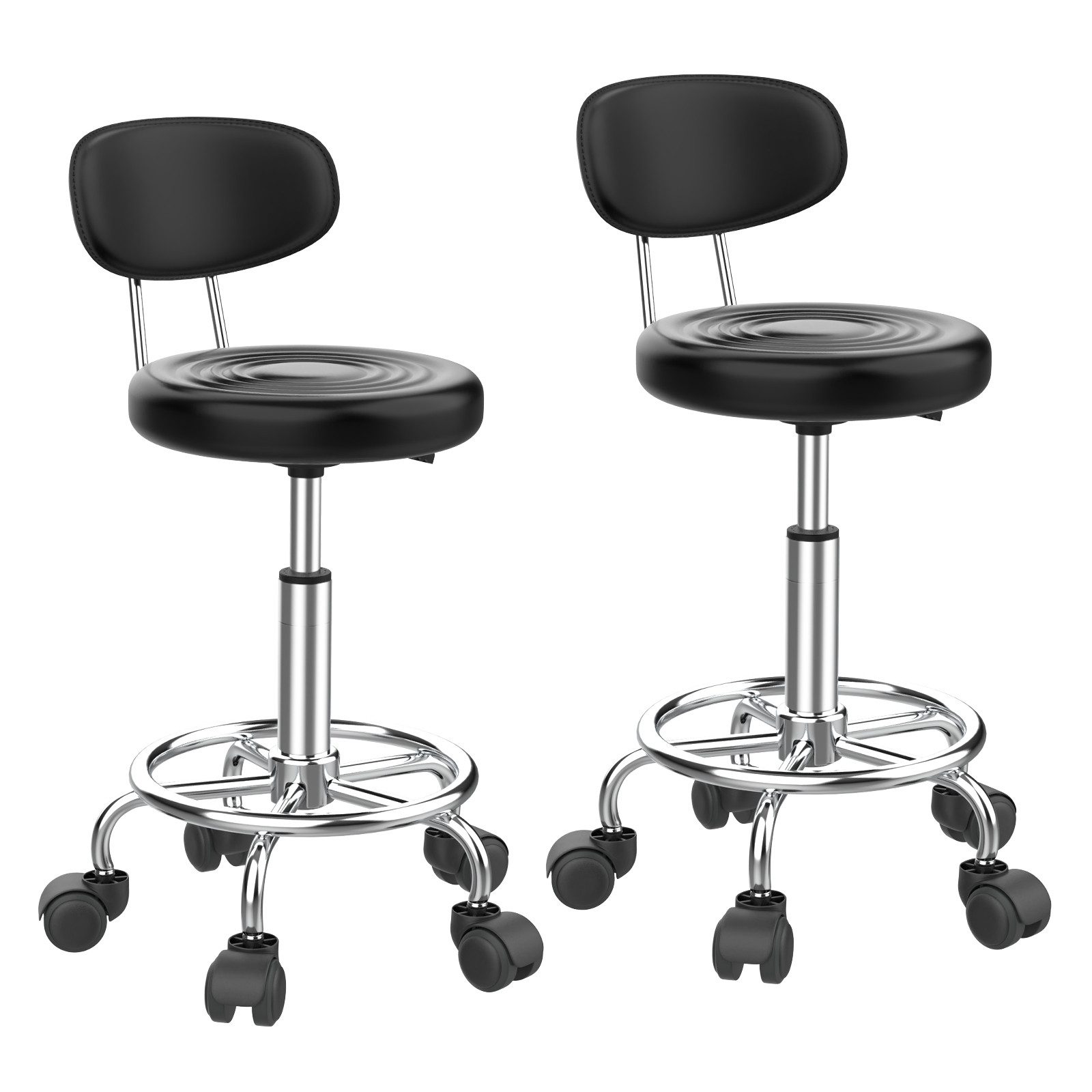 JEOBEST Drehhocker Bürostuhl Arbeitshocker mit Lehne, 360° Drehbar, (2 St., Rollhocker, Ergonomischer), PU Leder Ø34 x 47-61.5 cm