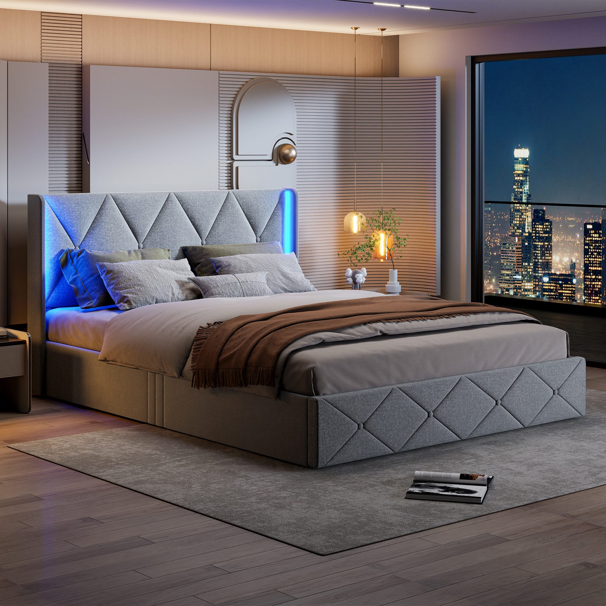 ADWOLT Stauraumbett Polsterbett Doppelbett mit LED-Beleuchtung Kopfteil (Bettgestell mit Metallrahmen und Lattenrost), Hydraulisches Funktionsbett, ohne Matratz – Bild 4 von 5