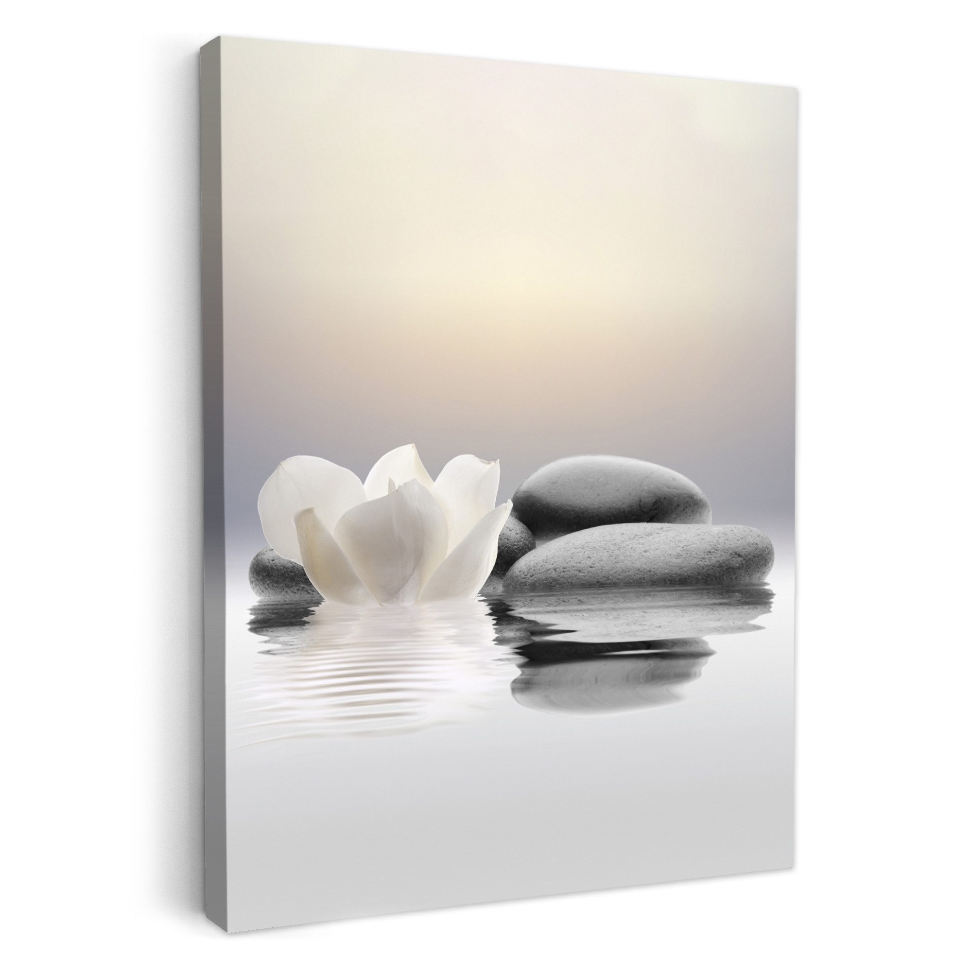 OneMillionCanvasses® Leinwandbild Steine - Lotus - Weiß - Wasser - Zen, Fotodruck (1 St), Badezimmer Deko, Bilder Bad, Gäste WC Wanddeko 30x40 cm